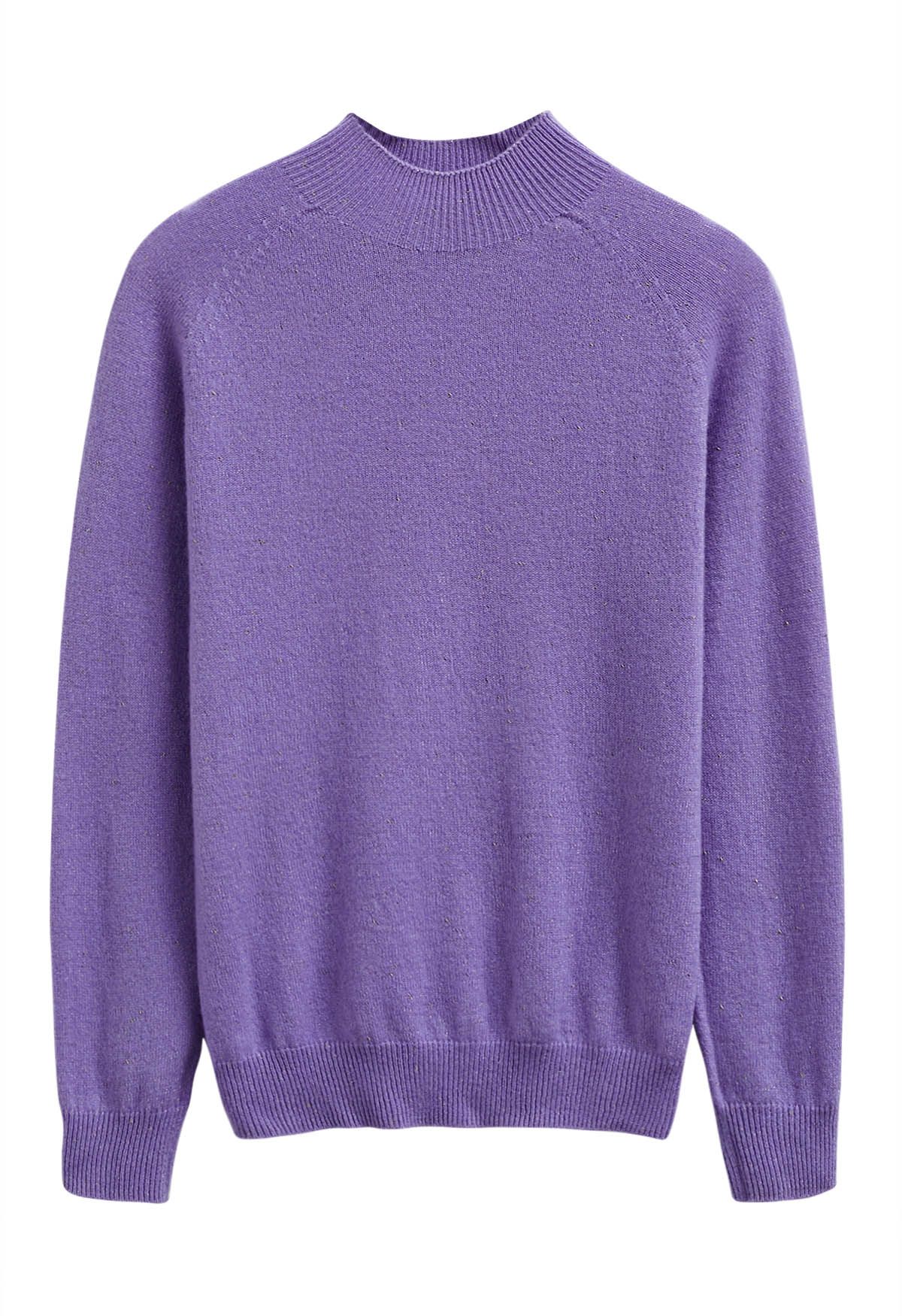 Integral Metallic Thread Mock Neck Wool Sweater in Purple