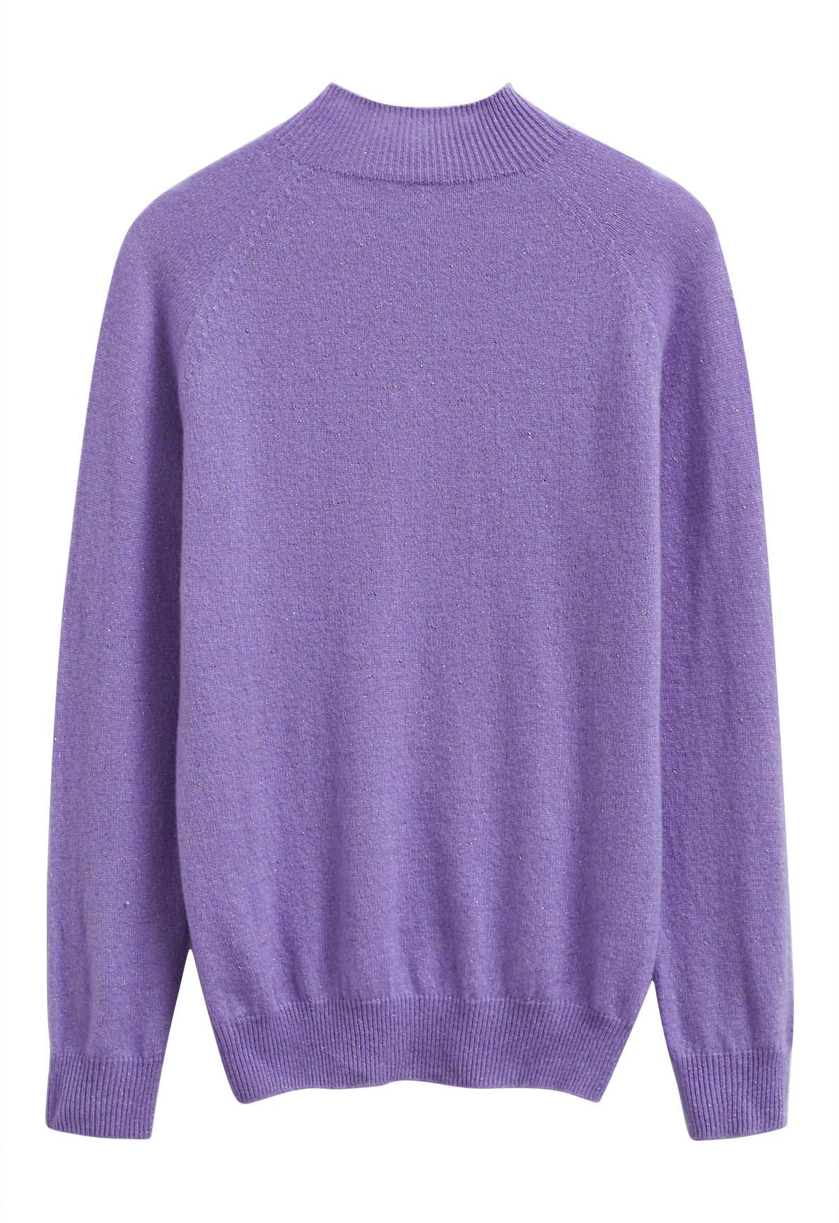 Integral Metallic Thread Mock Neck Wool Sweater in Purple