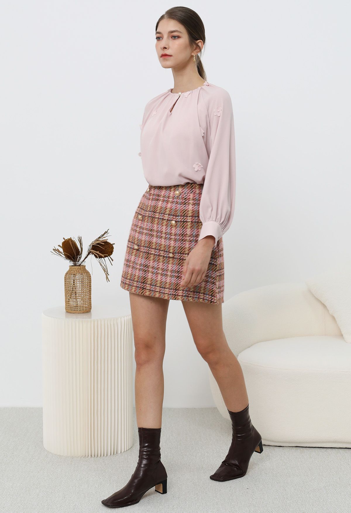 Golden Buttons Pink Plaid Wool-Blend Mini Skirt