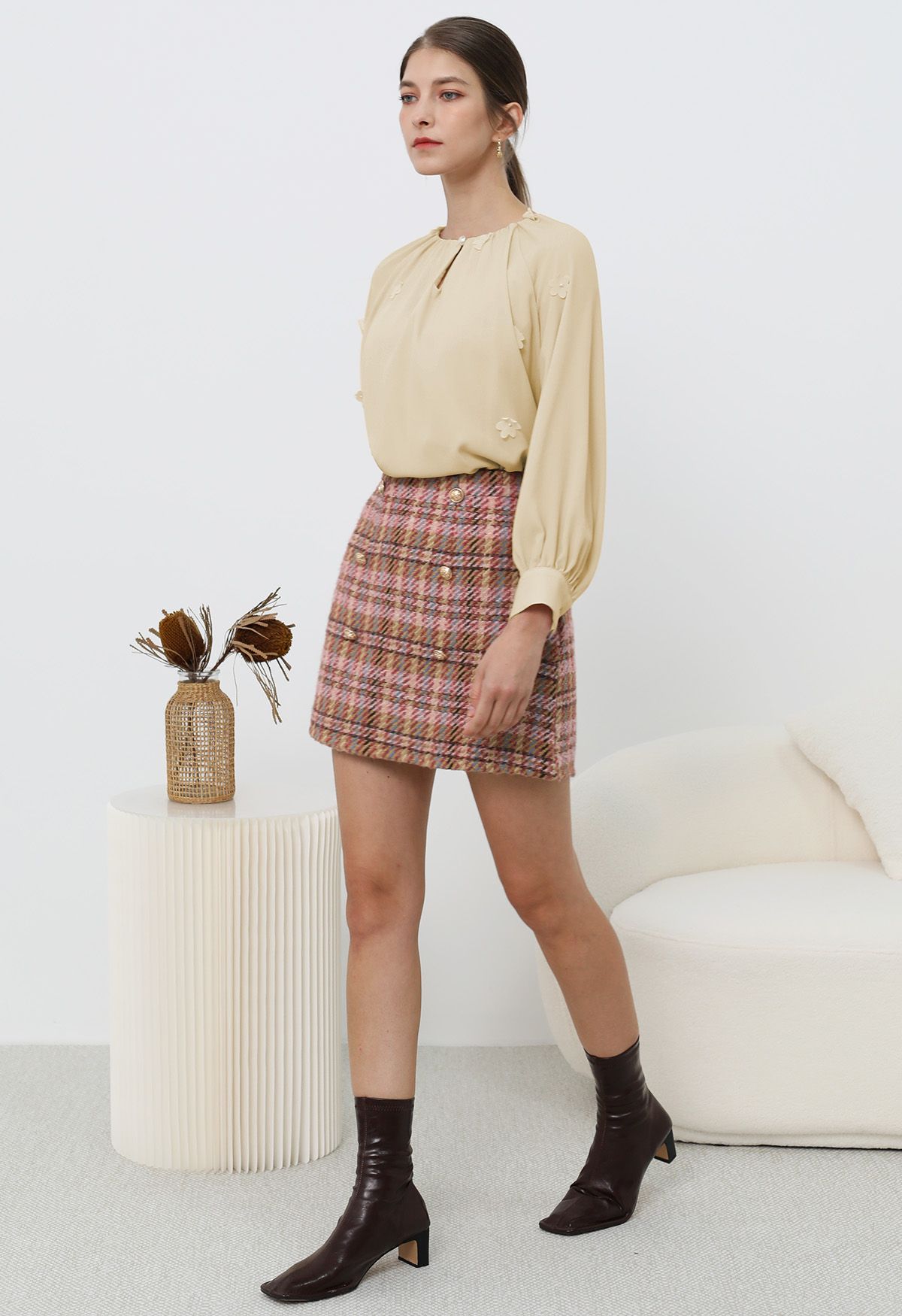 3D Floret Pearly Cutout Puff Sleeve Shirt in Mustard