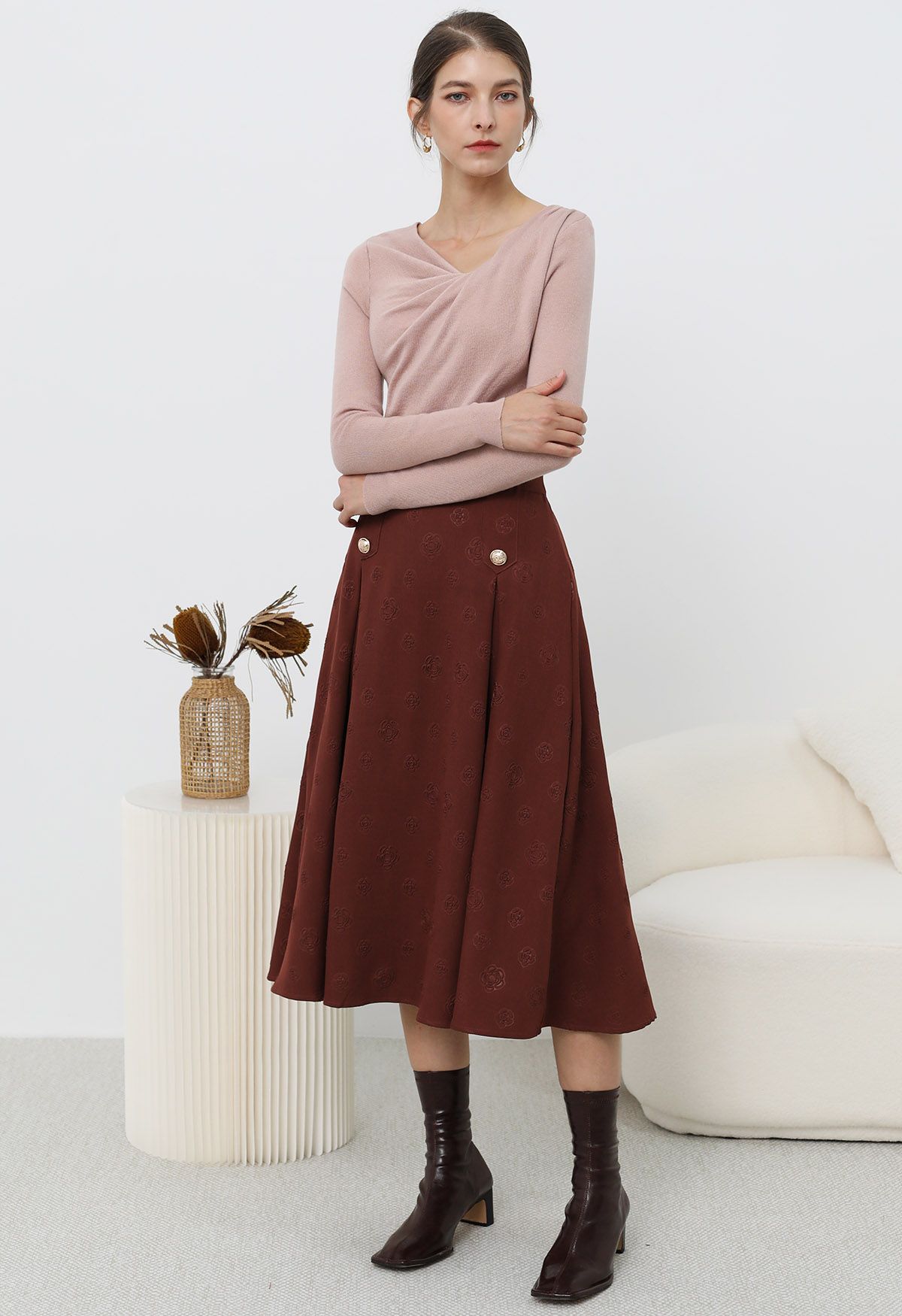 Embossed Rose A-Line Midi Skirt in Burgundy