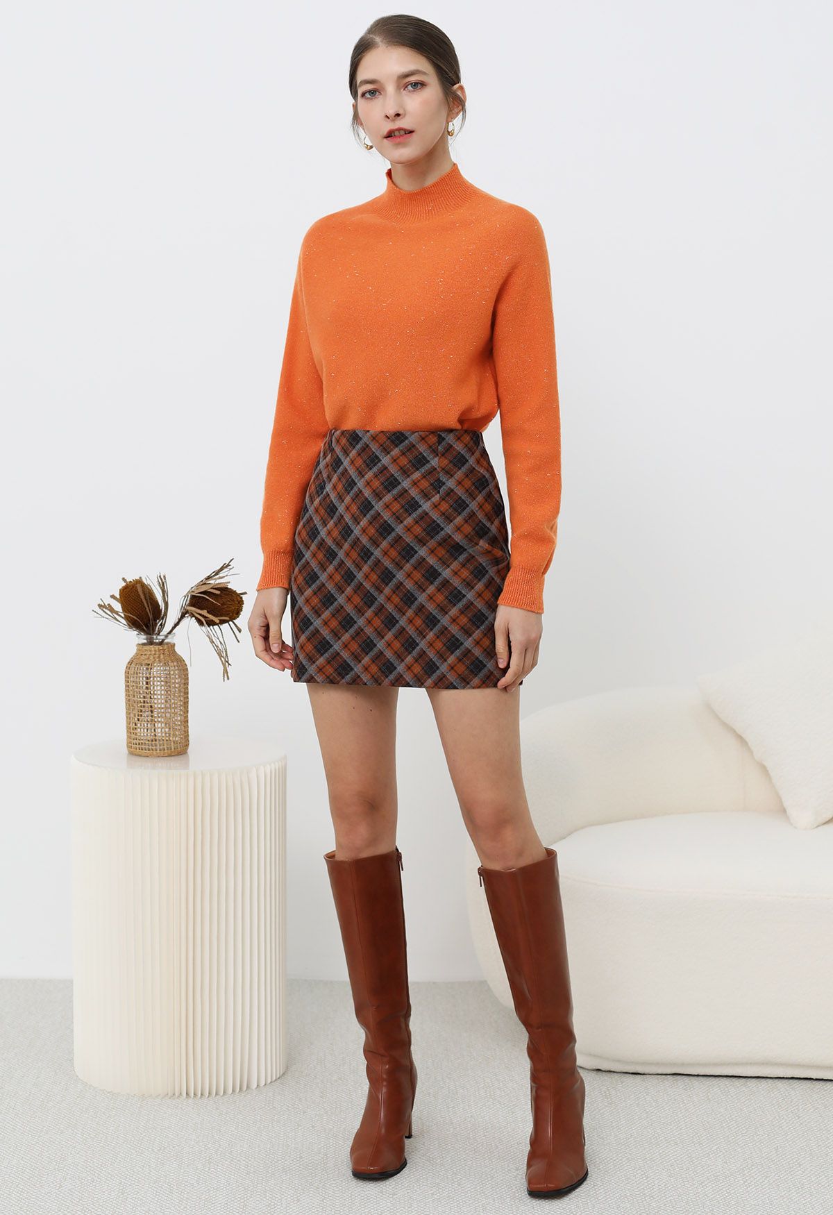 Integral Metallic Thread Mock Neck Wool Sweater in Orange