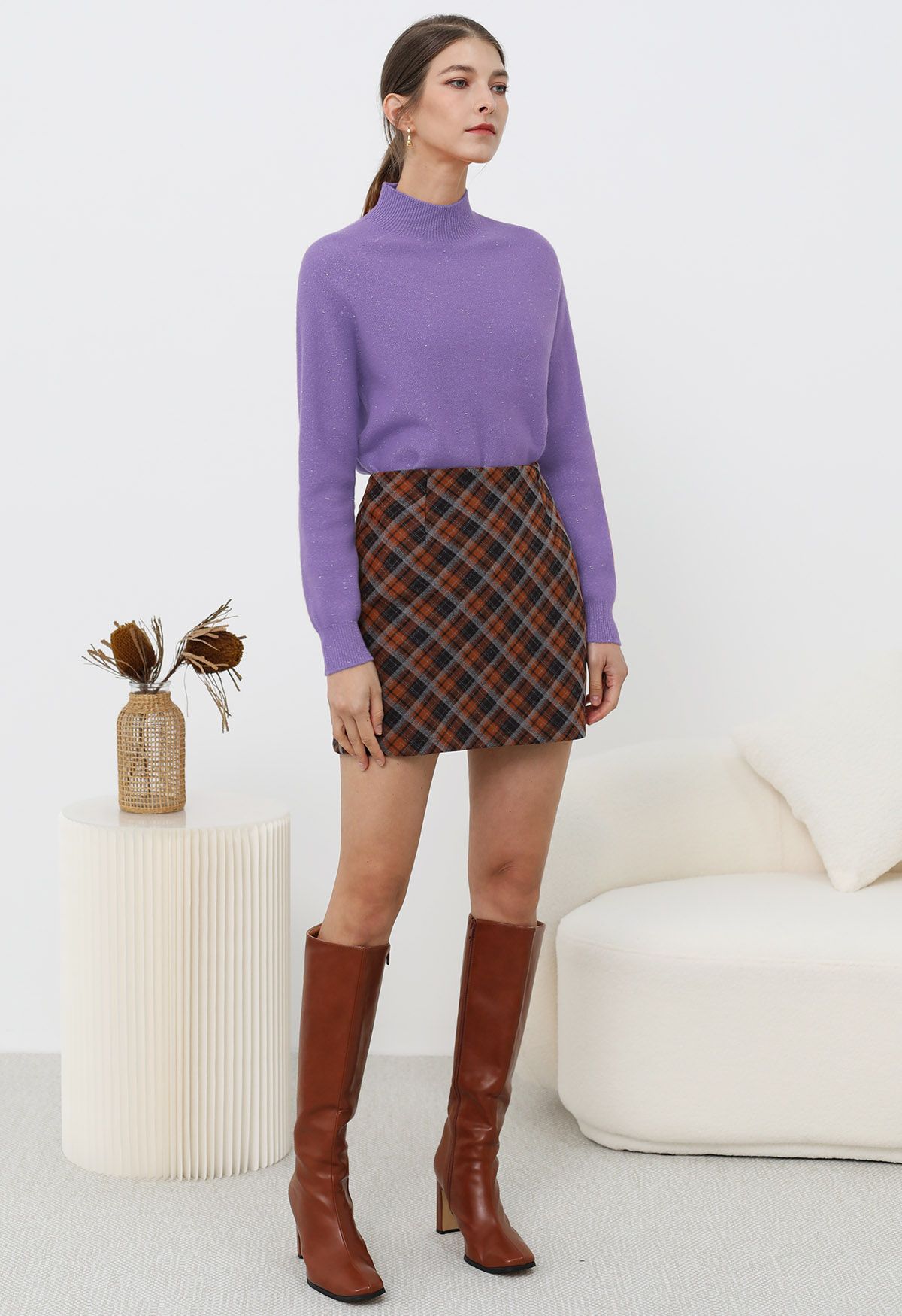 Integral Metallic Thread Mock Neck Wool Sweater in Purple