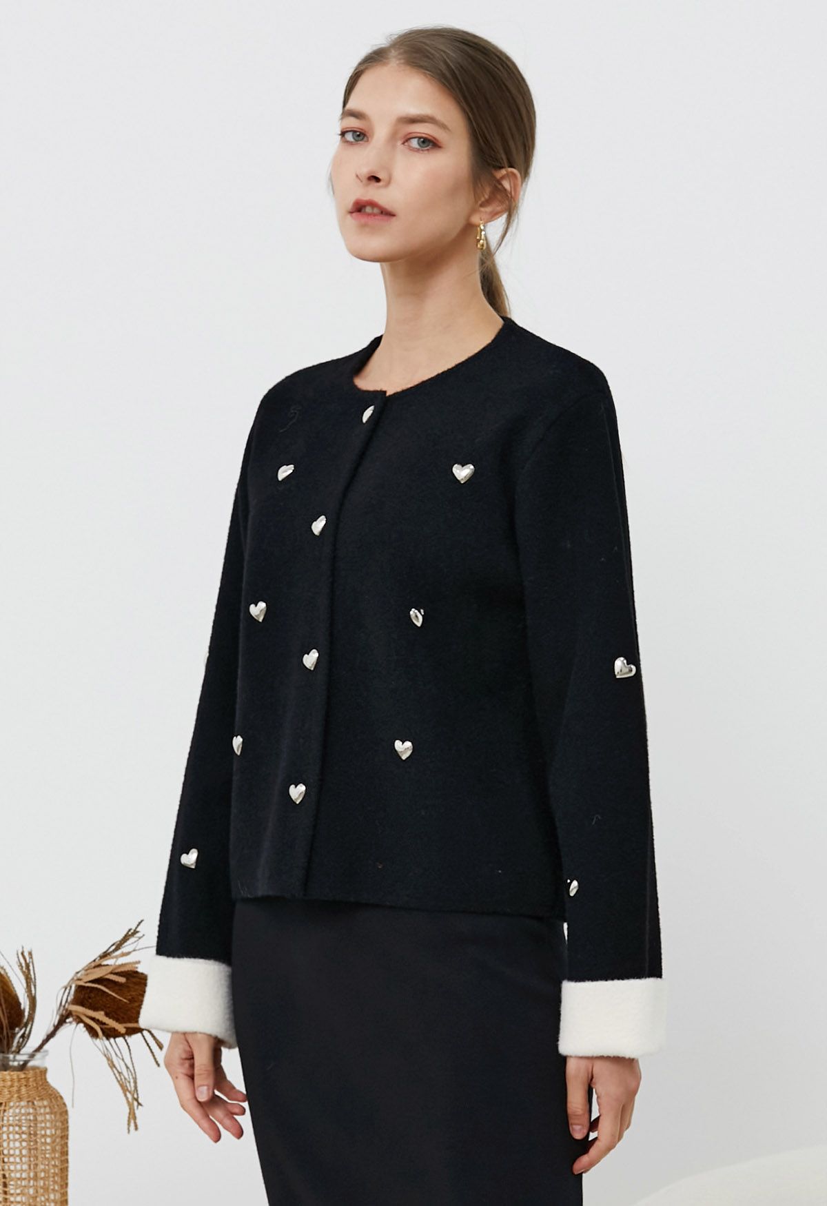 3D Heart Embellished Stud Button Contrast Cardigan in Black