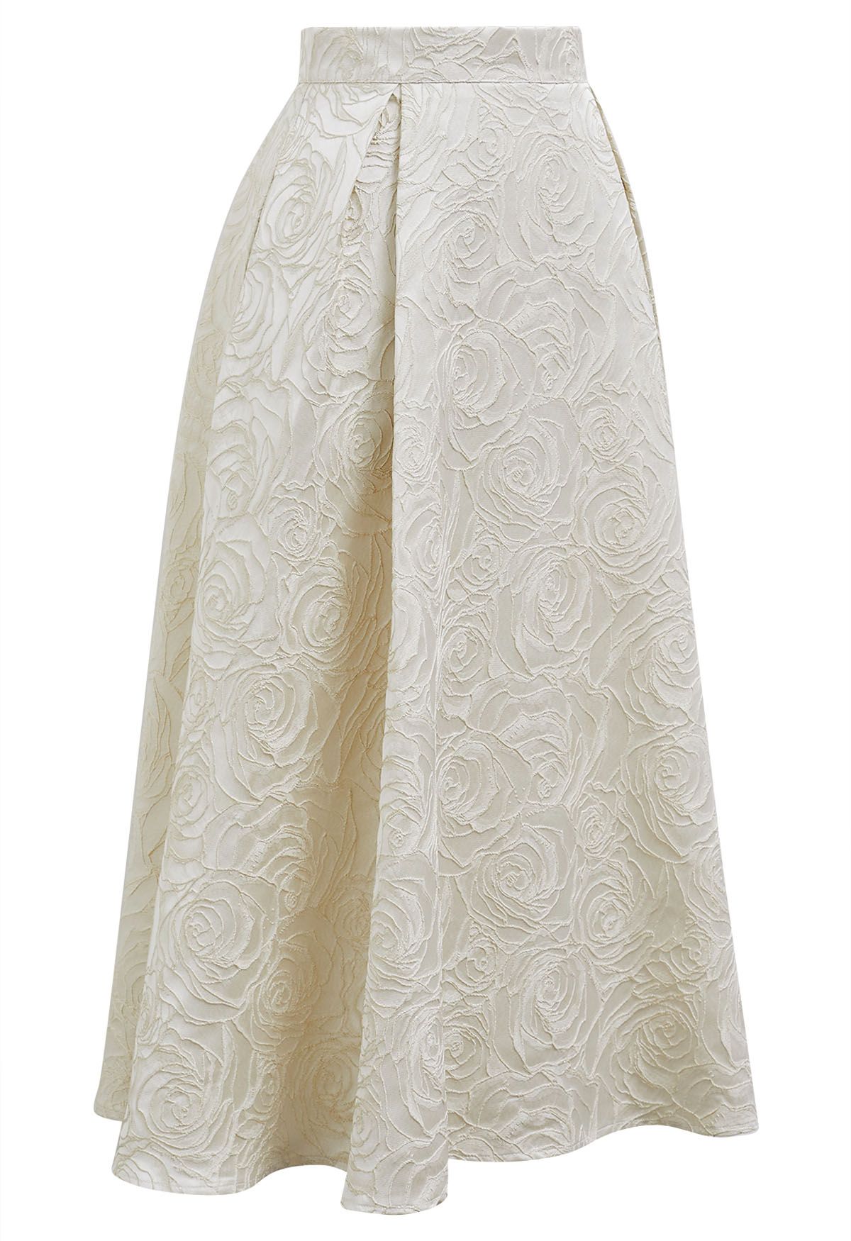 Delicate Roses Jacquard Embossed A-Line Midi Skirt in Ivory