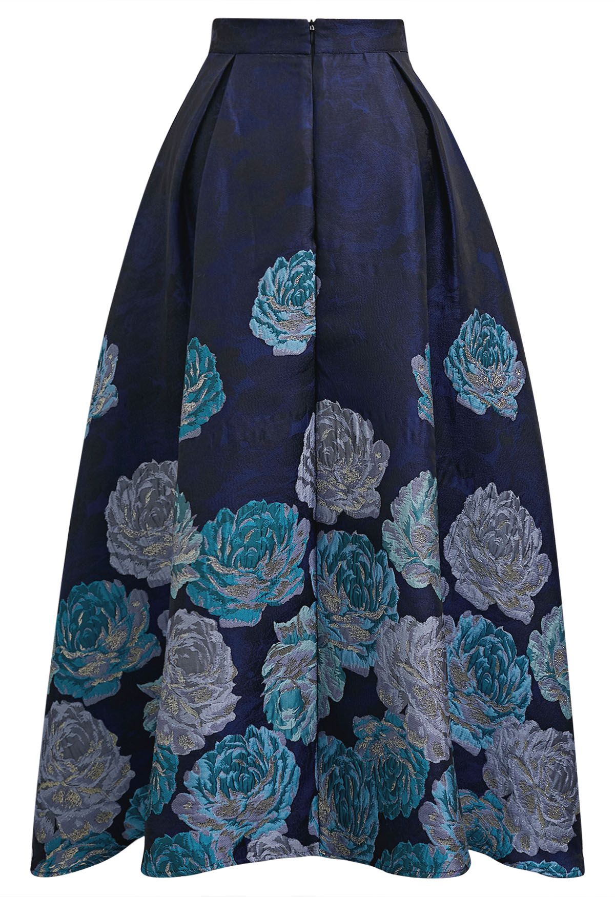 Midnight Blue Peony Jacquard Flare Maxi Skirt