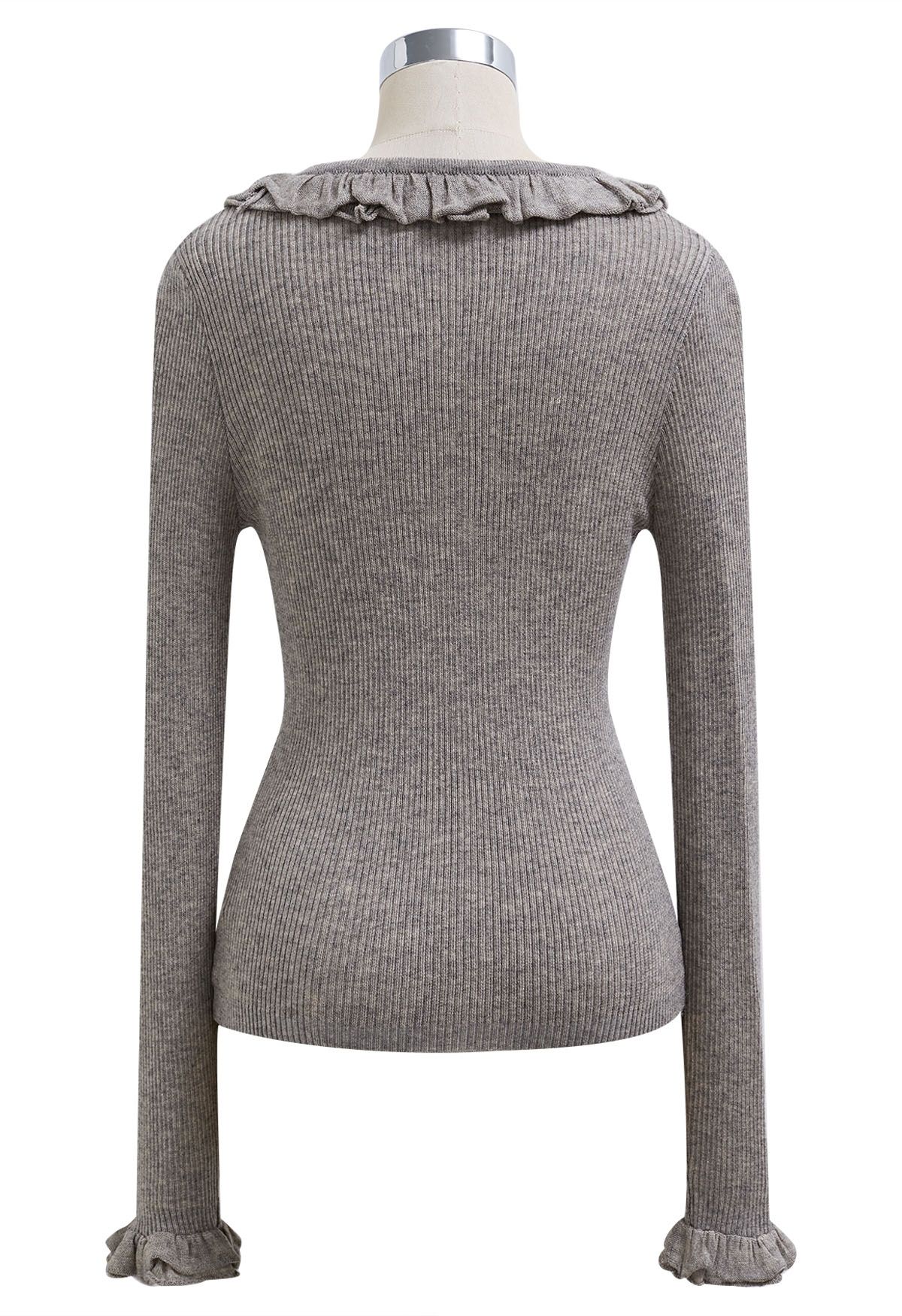 Ruffled Charm Long-Sleeve Ribbed Knit Top in Grey