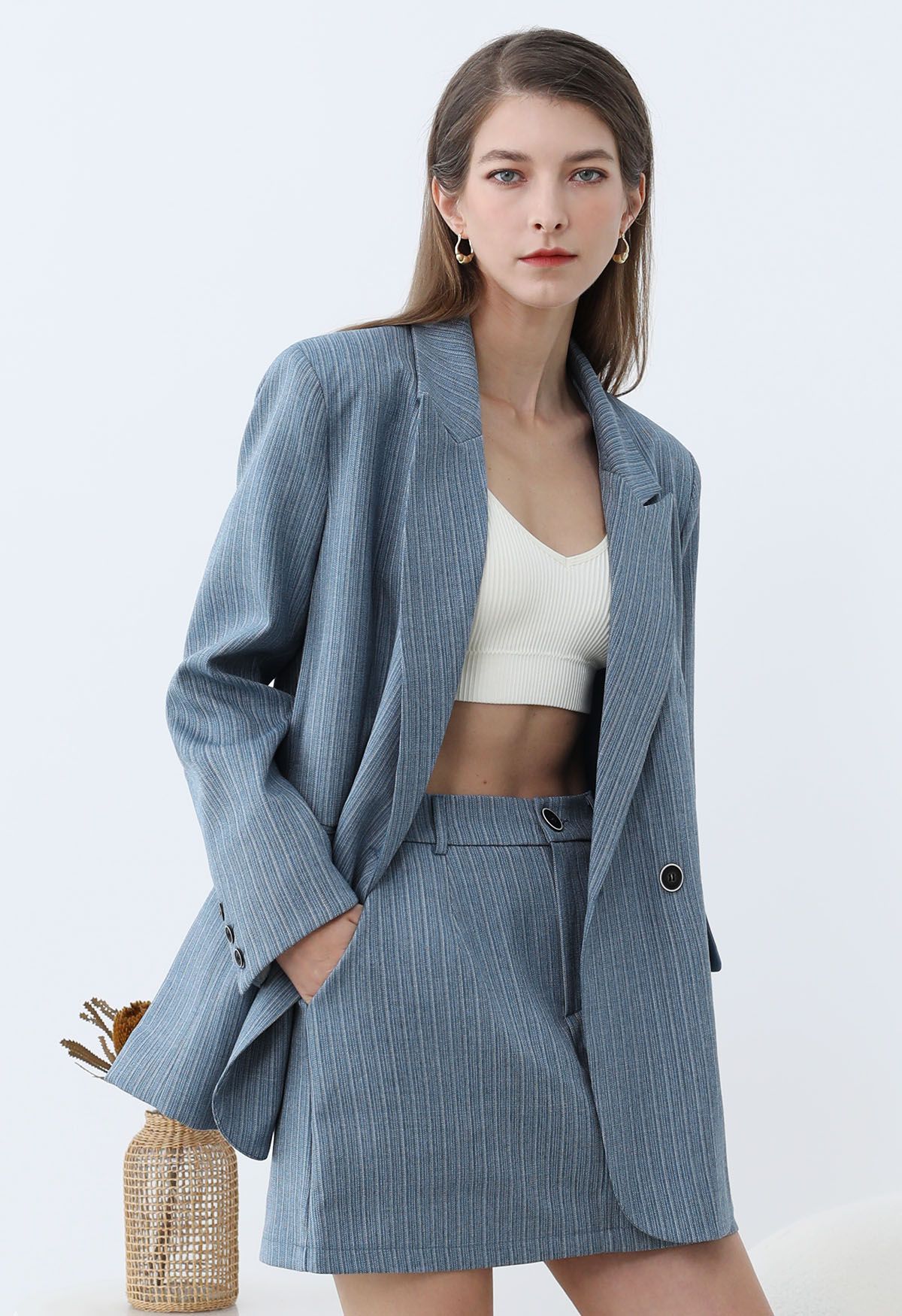 Everlasting Striped Padded Shoulder Oversized Blazer in Blue