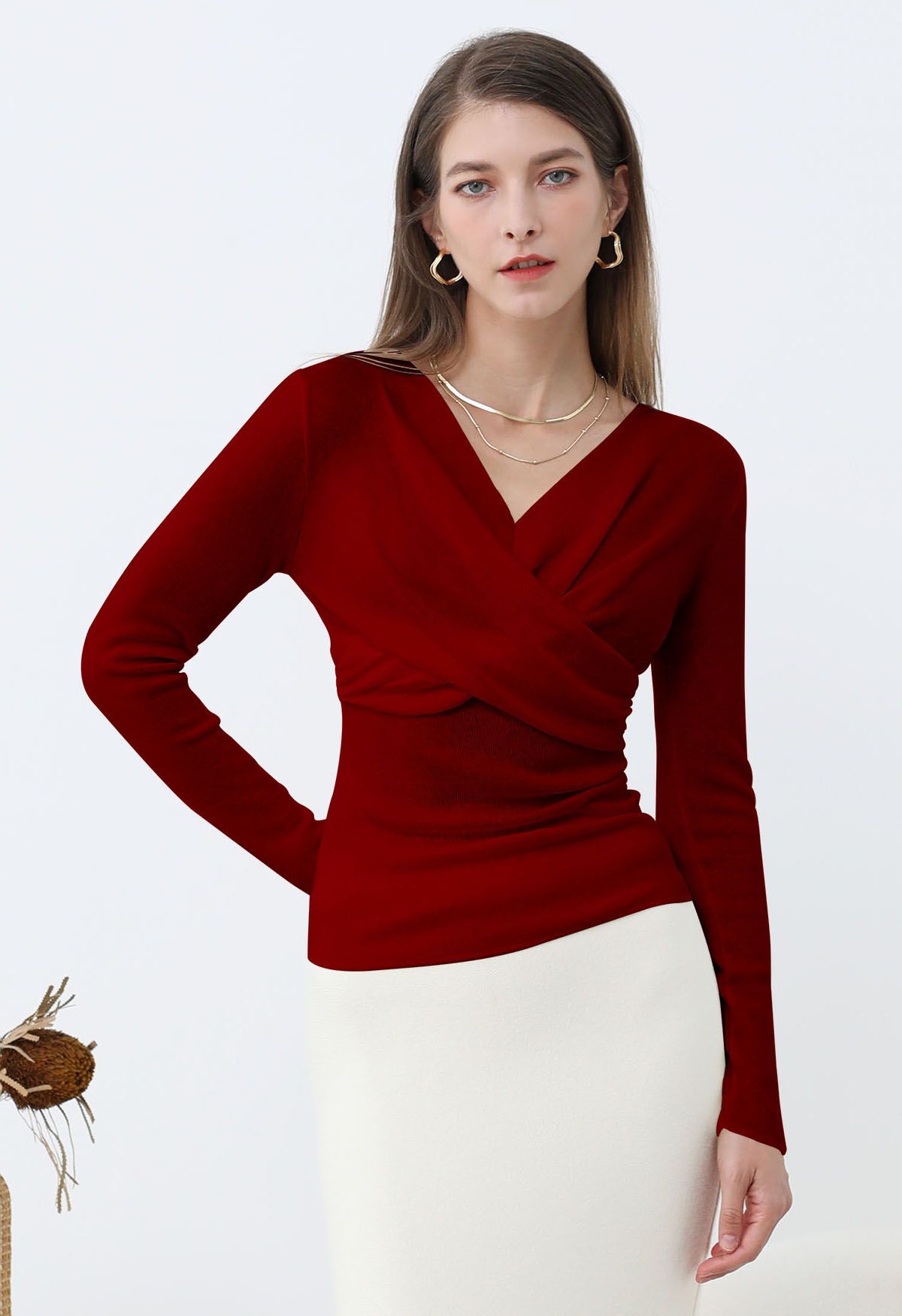 Artful Crisscross V-Neck Long Sleeve Knit Top in Red