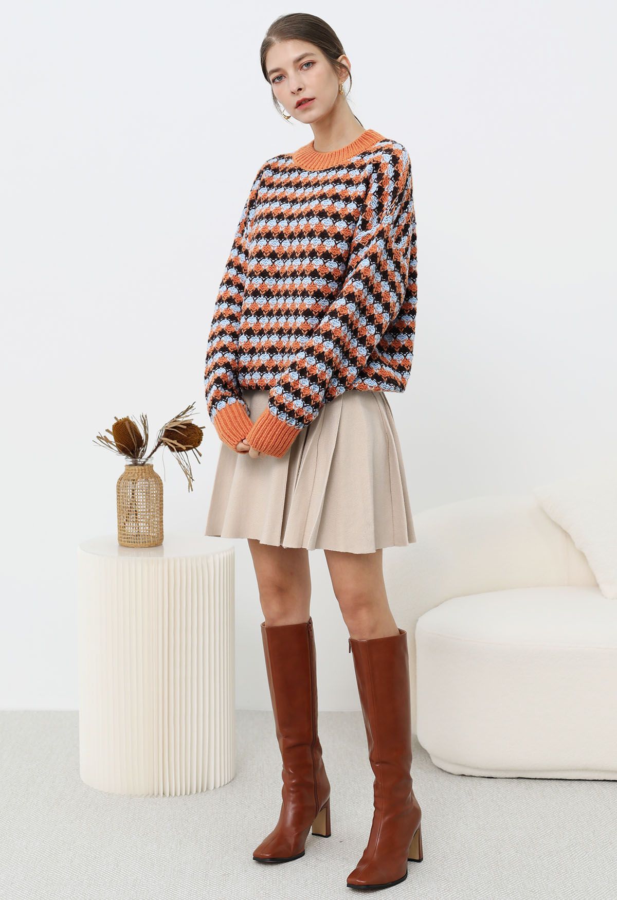 Side Pleats Knit Mini Skirt in Light Tan