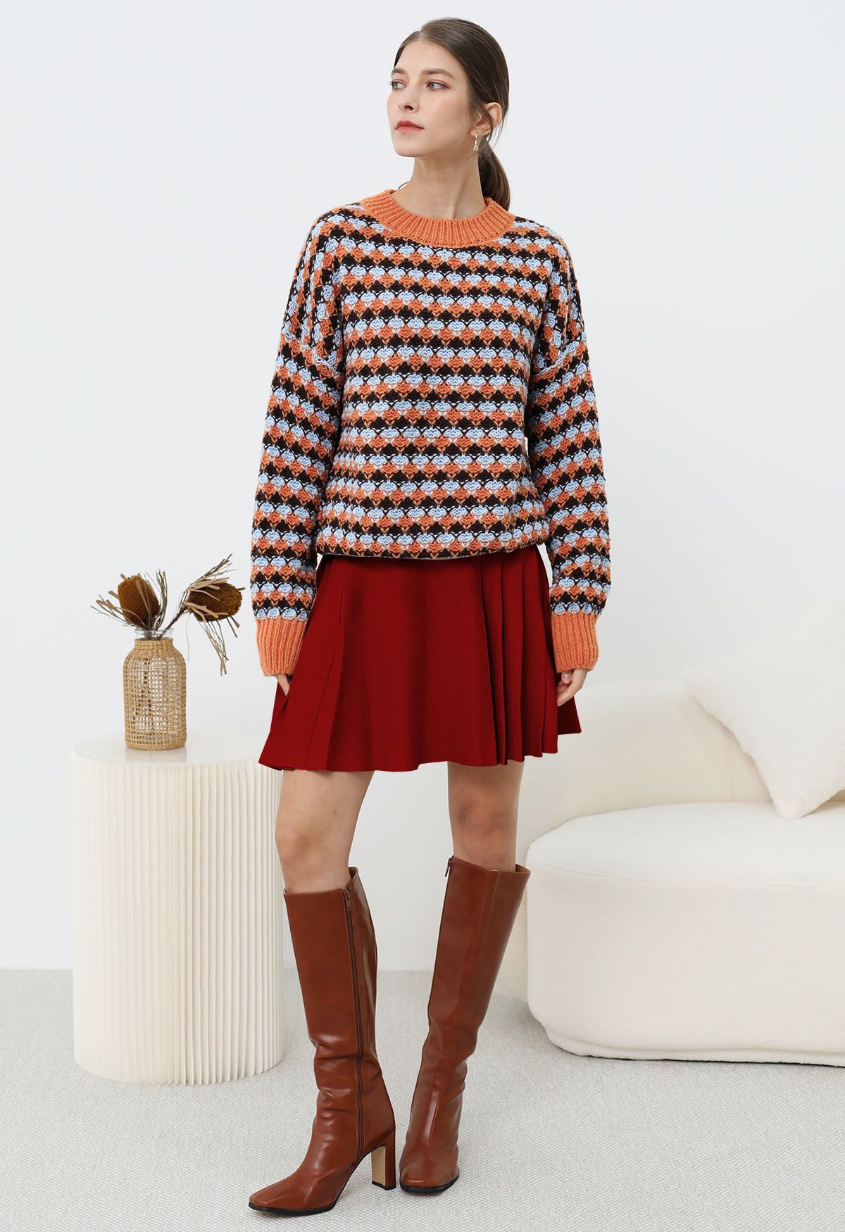 Side Pleats Knit Mini Skirt in Red