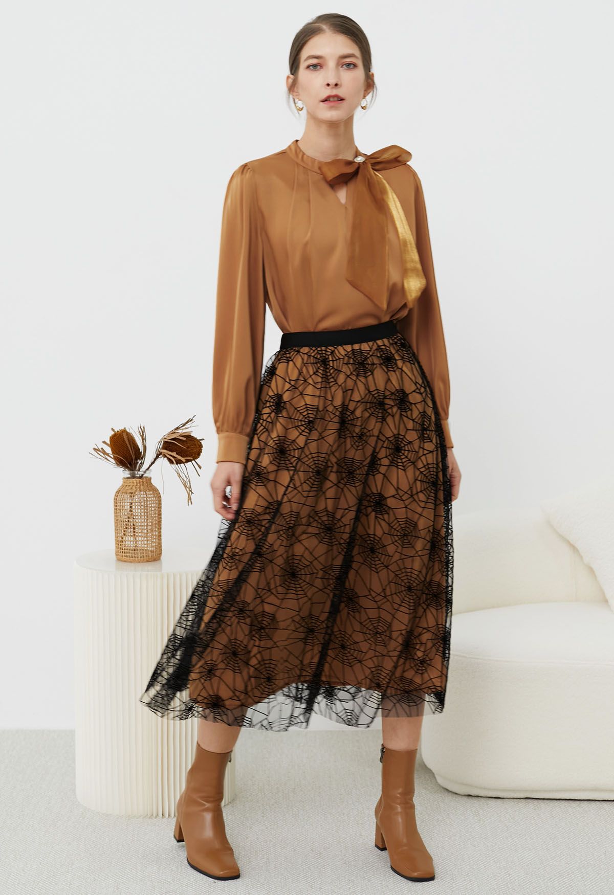 Cobweb Mystique Mesh Tulle Midi Skirt in Pumpkin