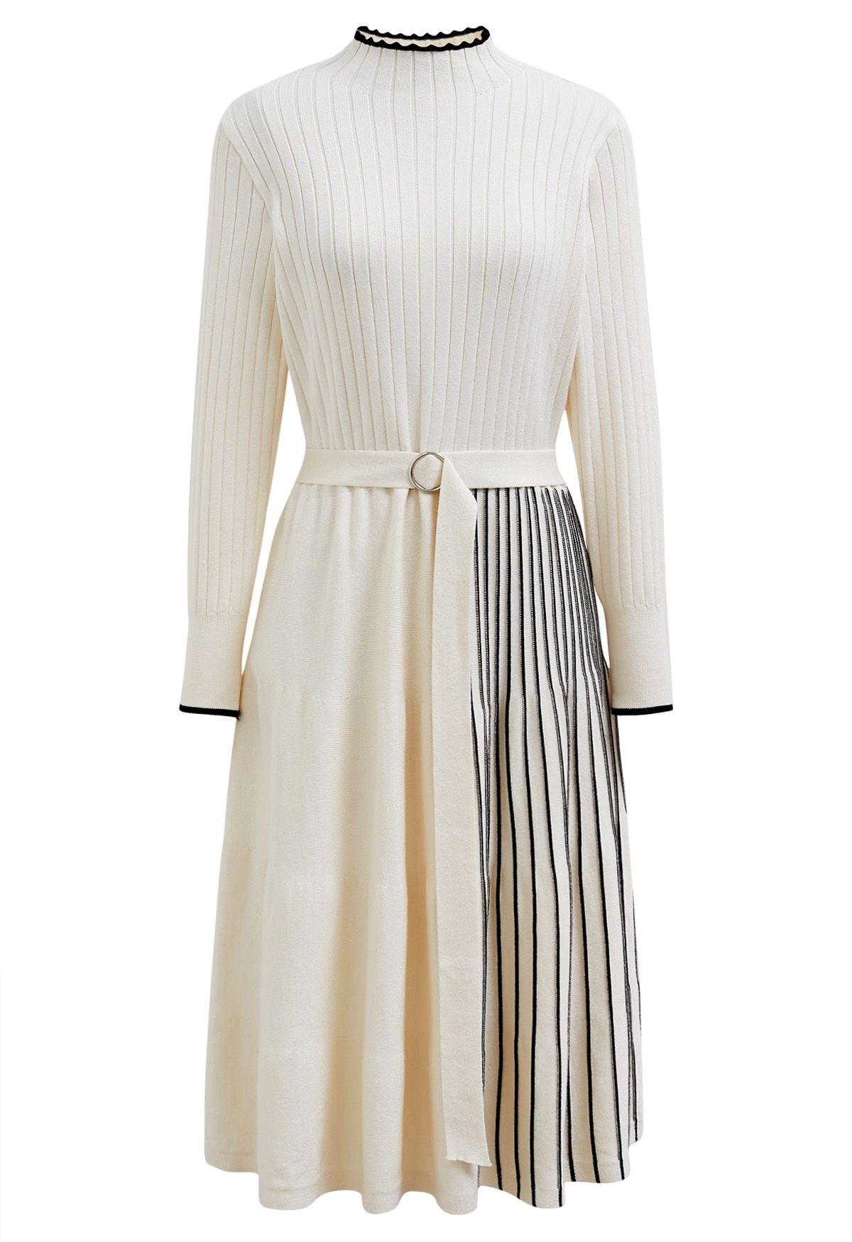 Inventive Contrast Striped Belted Ribbed Knit Dress in Cream