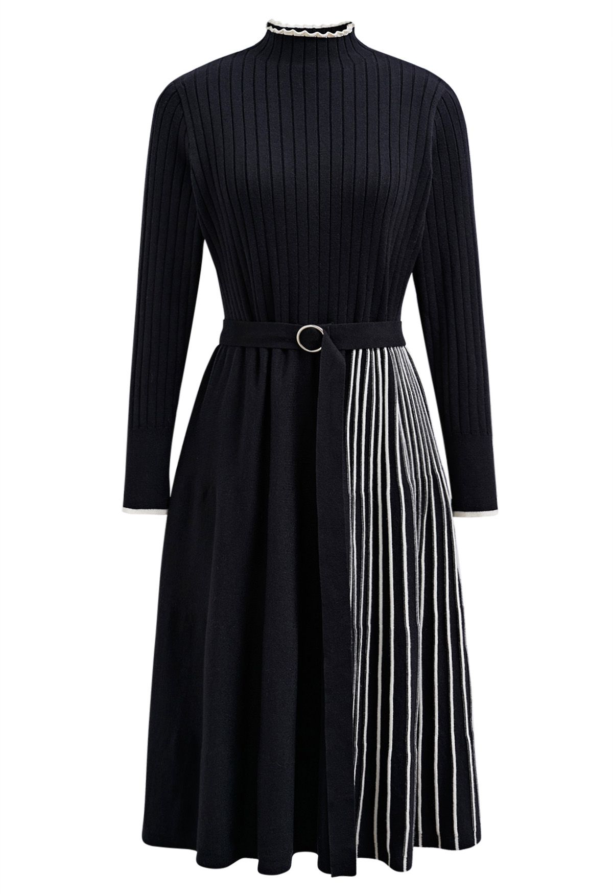 Inventive Contrast Striped Belted Ribbed Knit Dress in Black