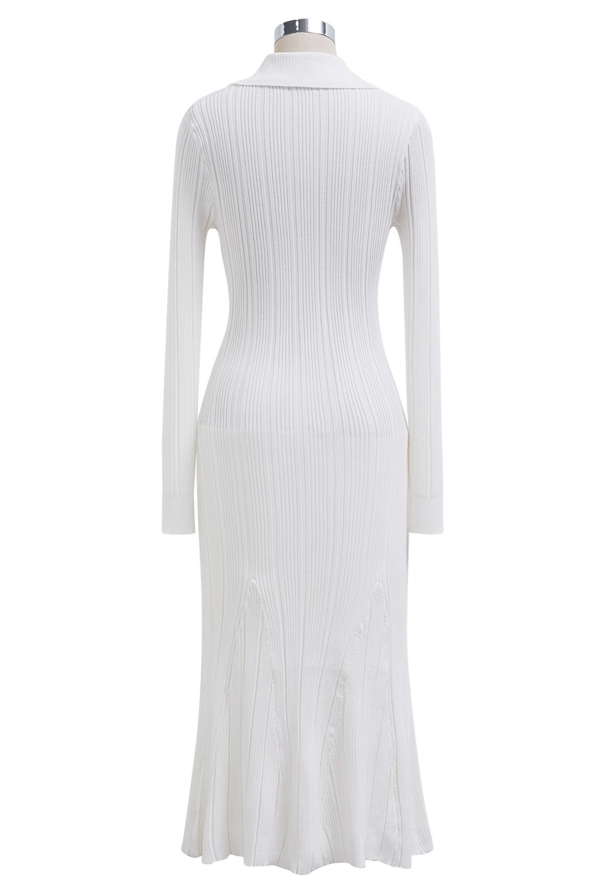 Relaxing Collared Flap Pocket Ribbed Knit Dress in White