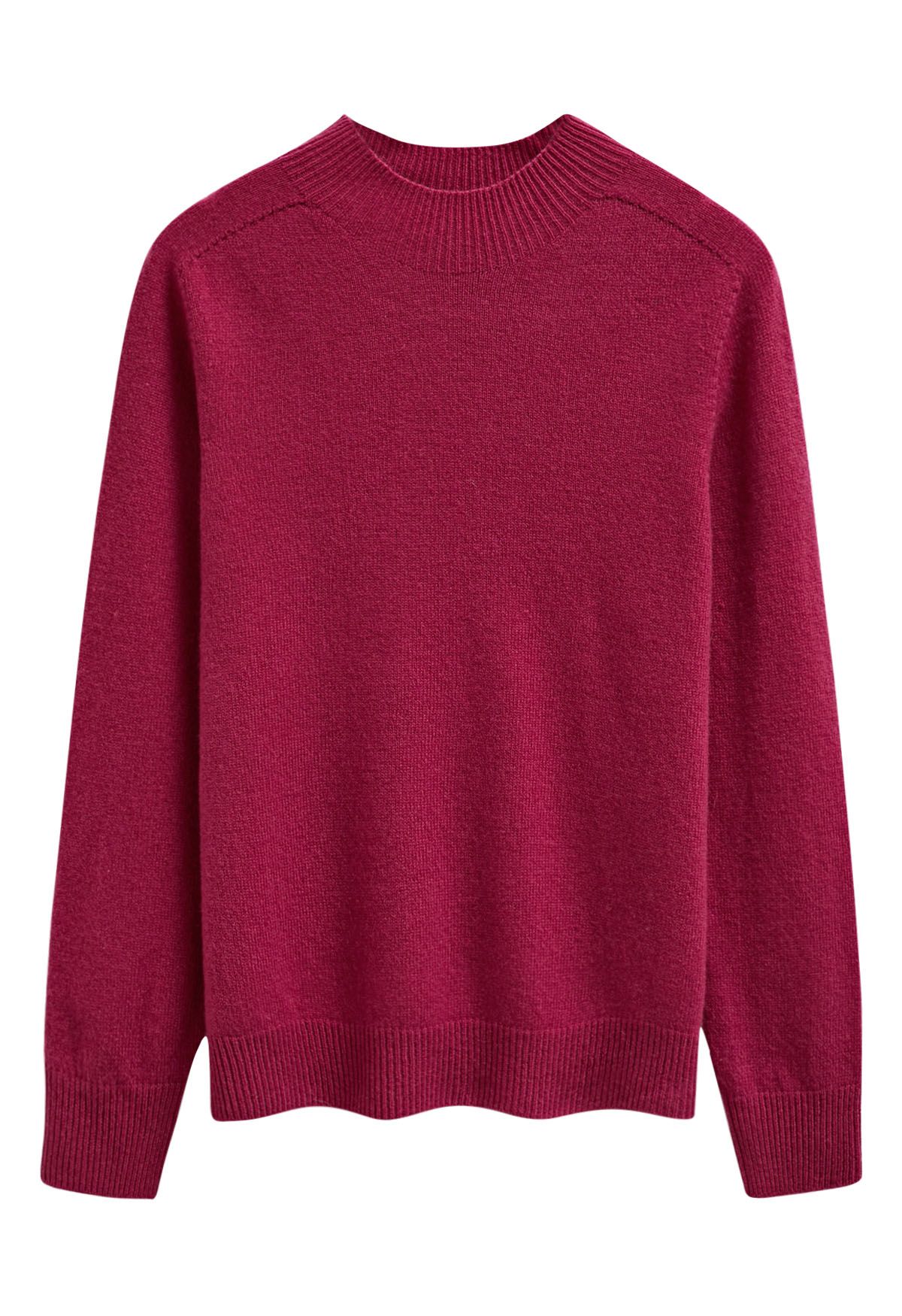 Heartwarming Mock Neck Long-Sleeve Wool Sweater in Magenta