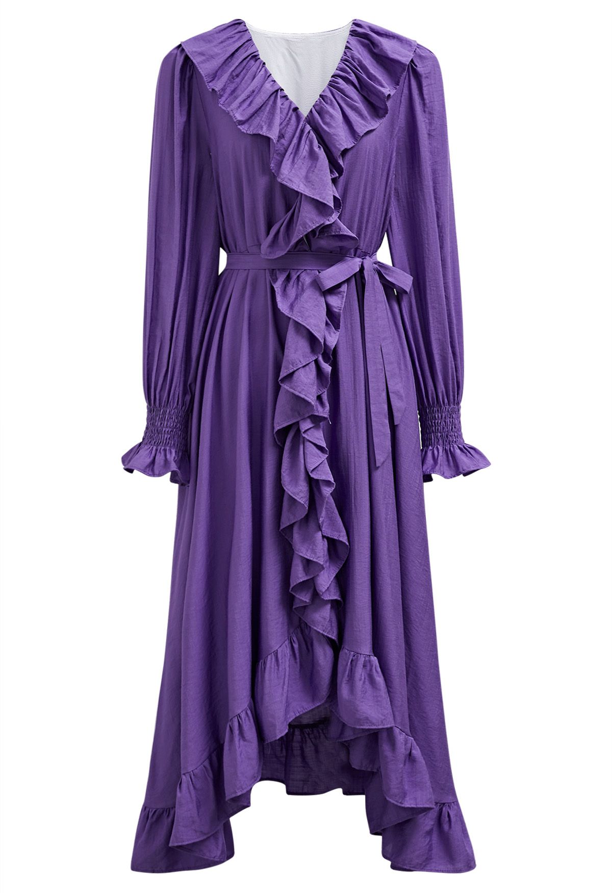 Whimsical Ruffle Asymmetric Button Down Midi Dress in Purple