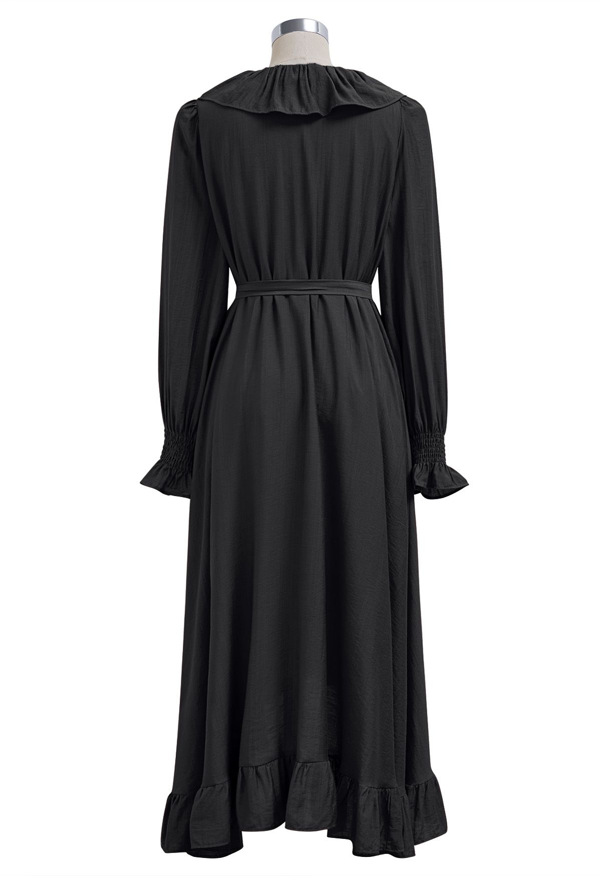 Whimsical Ruffle Asymmetric Button Down Midi Dress in Black