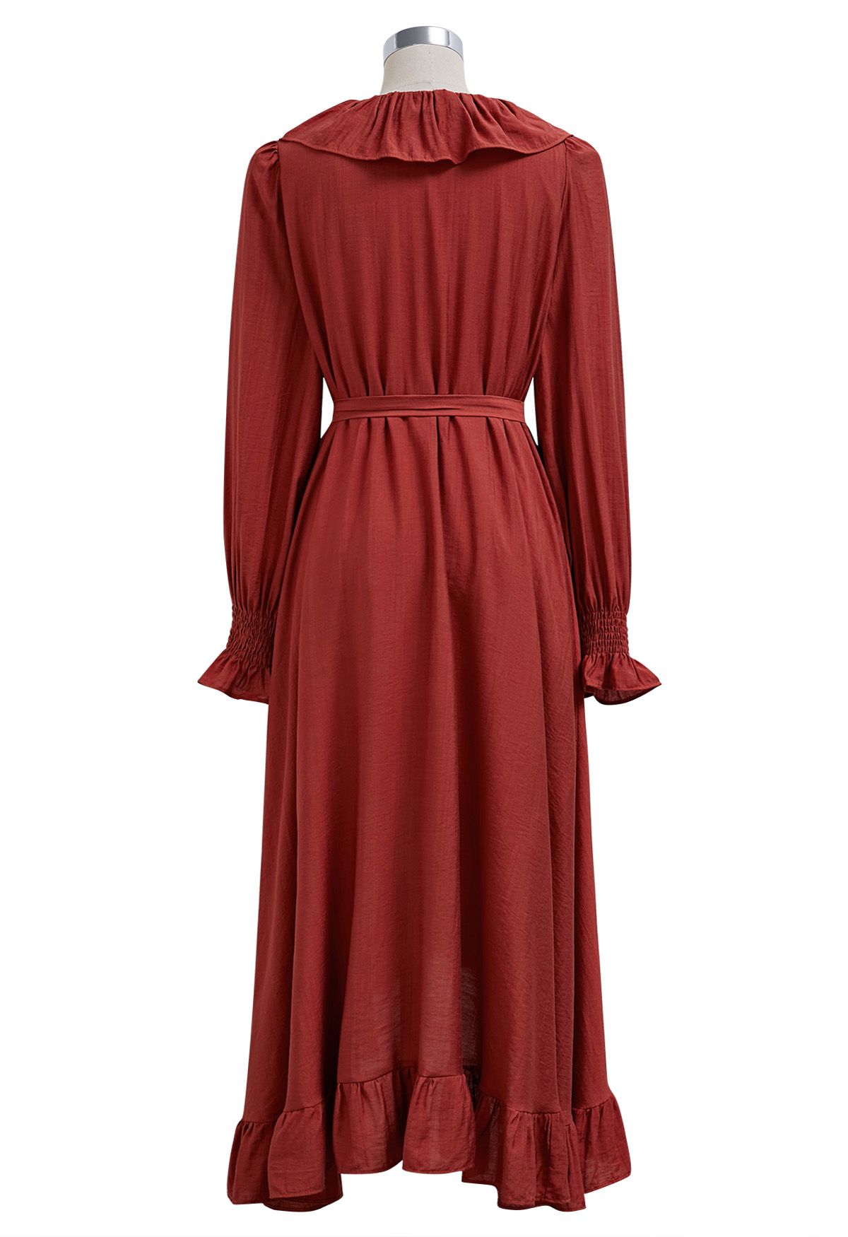 Whimsical Ruffle Asymmetric Button Down Midi Dress in Red