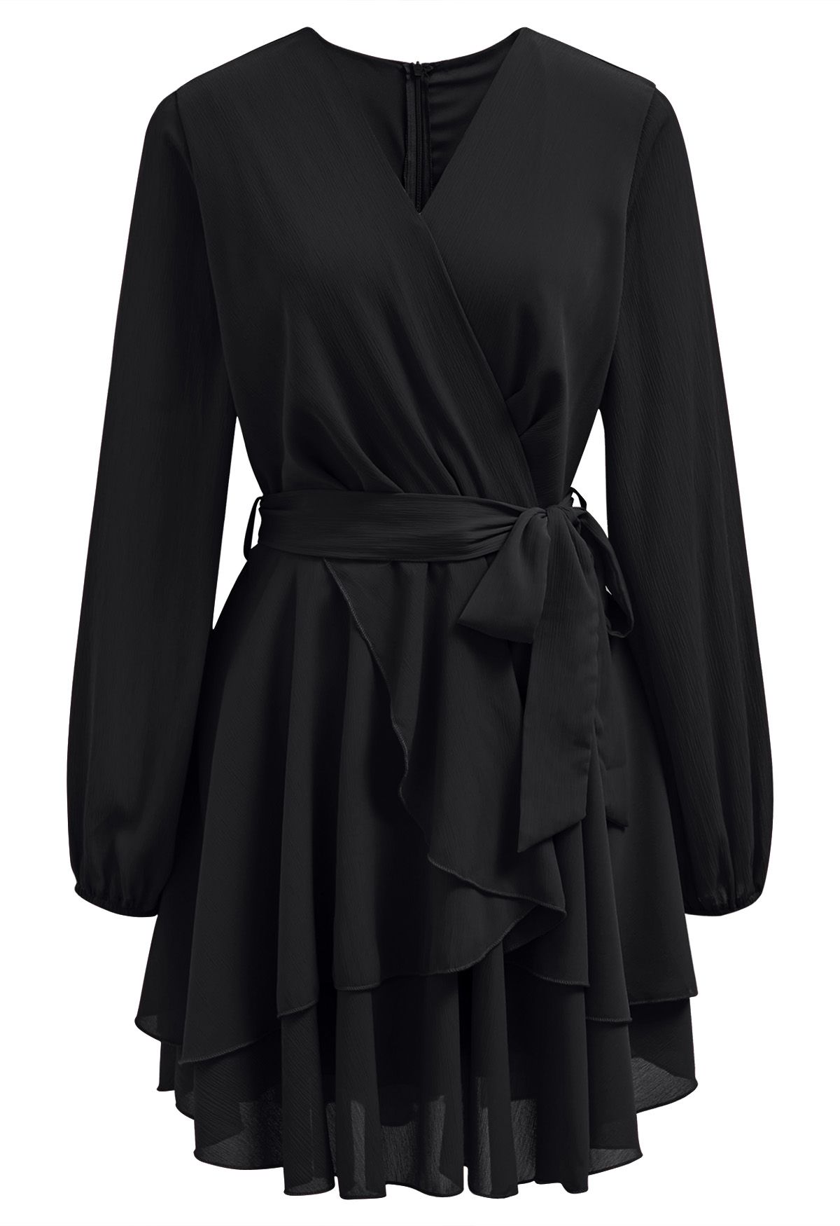 Lovable Tiered Ruffled V-Neck Wrapped Tie-Waist Mini Dress in Black