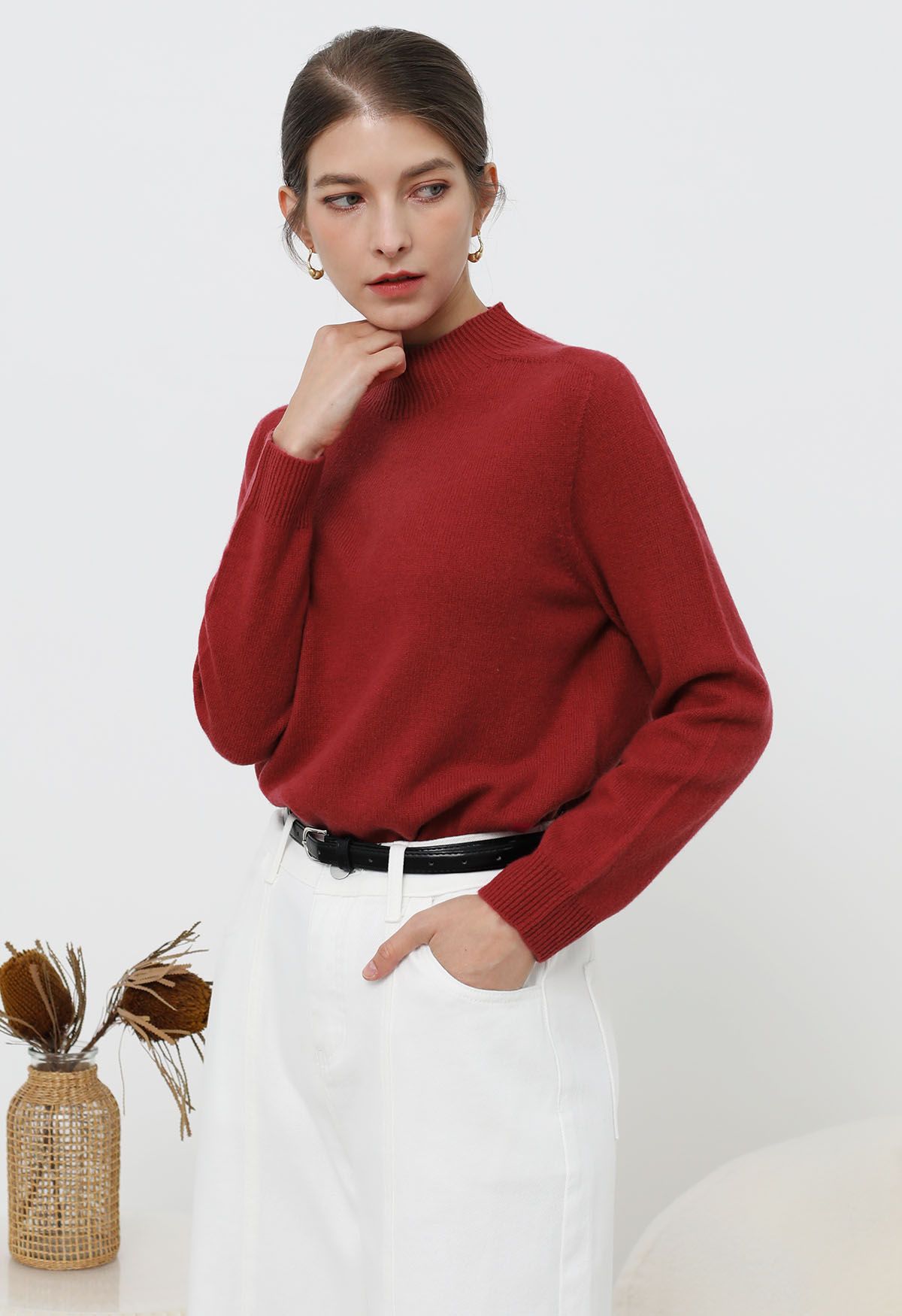 Heartwarming Mock Neck Long-Sleeve Wool Sweater in Red