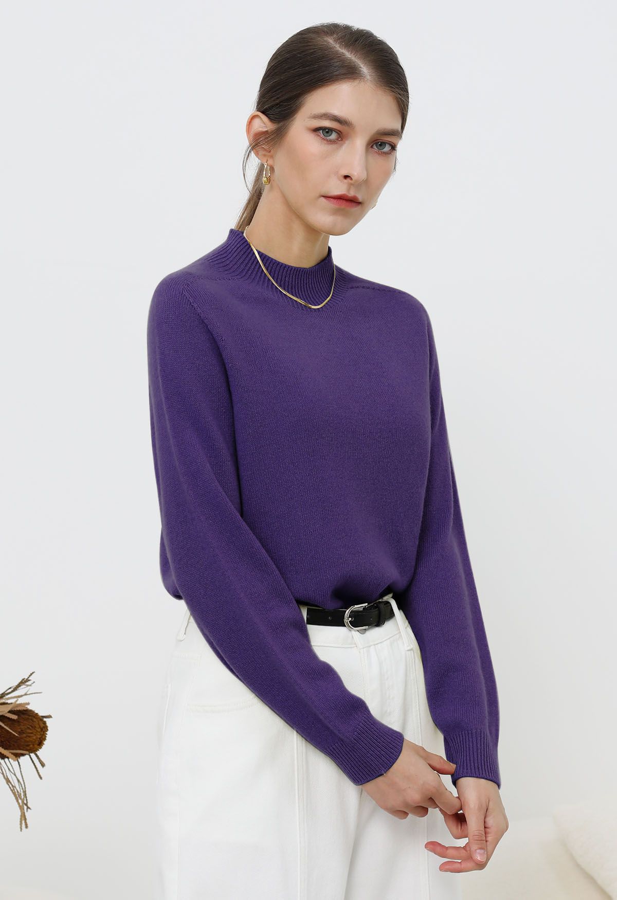 Heartwarming Mock Neck Long-Sleeve Wool Sweater in Purple