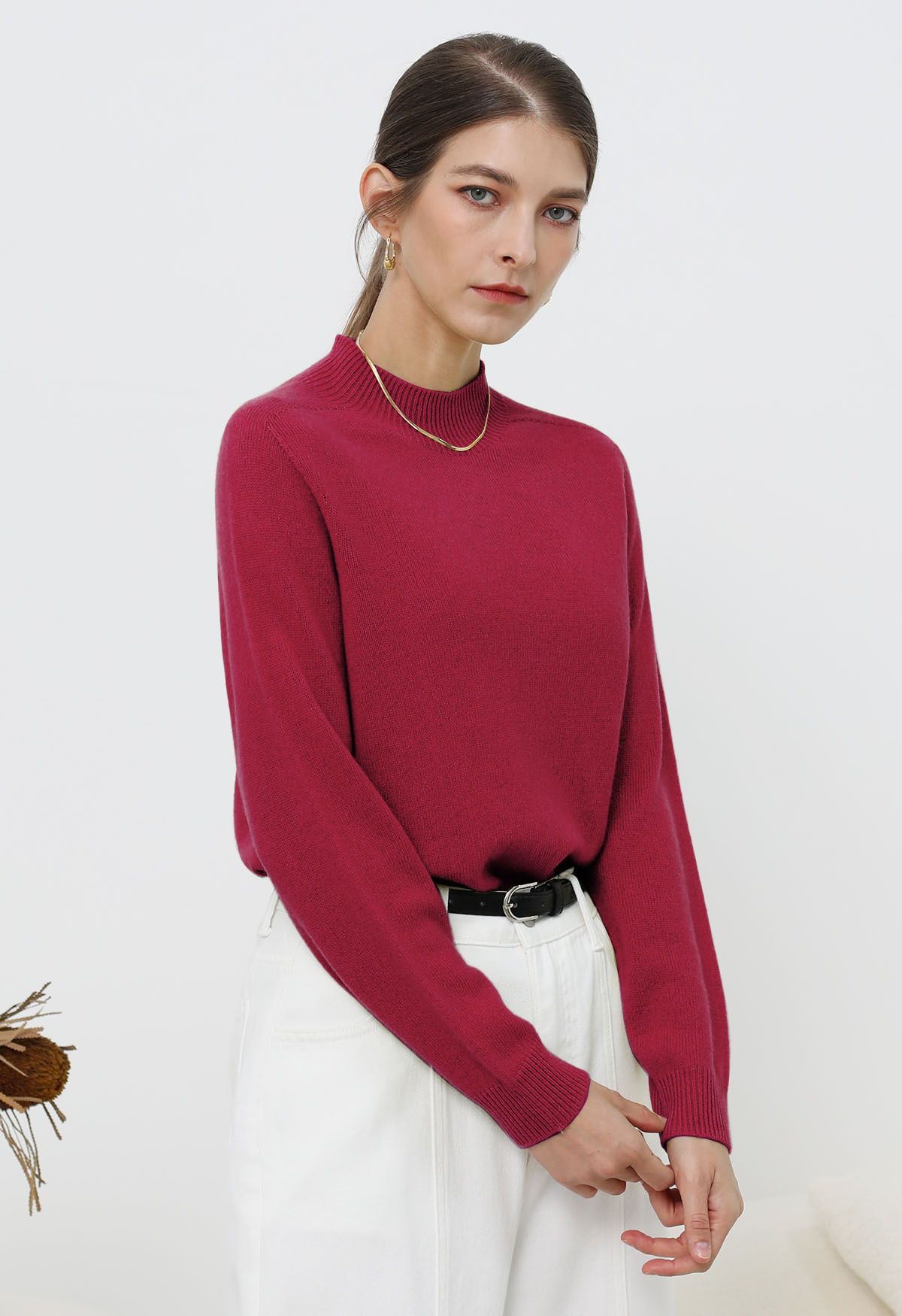 Heartwarming Mock Neck Long-Sleeve Wool Sweater in Magenta