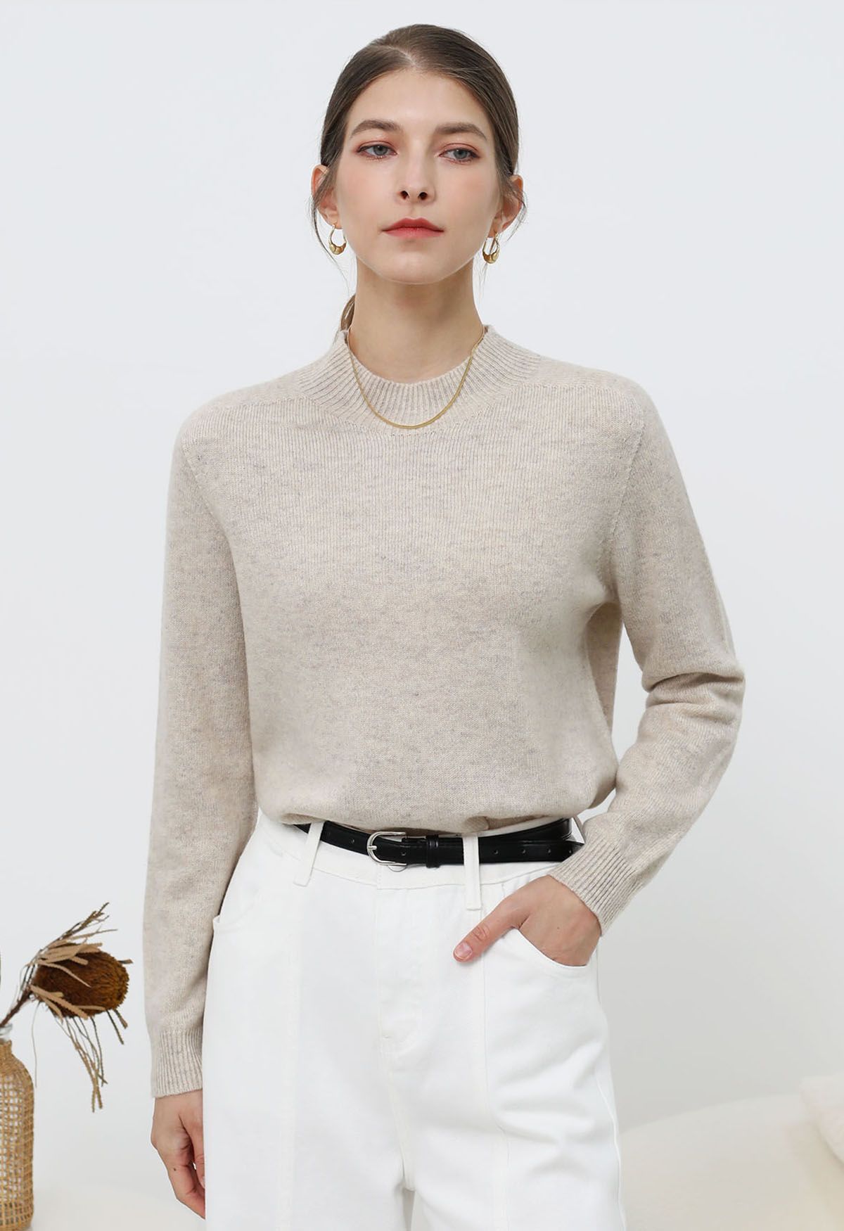 Heartwarming Mock Neck Long-Sleeve Wool Sweater in Linen