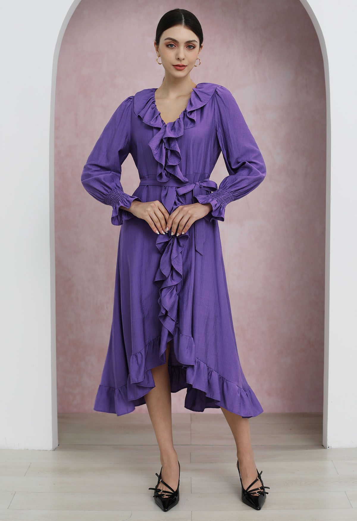 Whimsical Ruffle Asymmetric Button Down Midi Dress in Purple