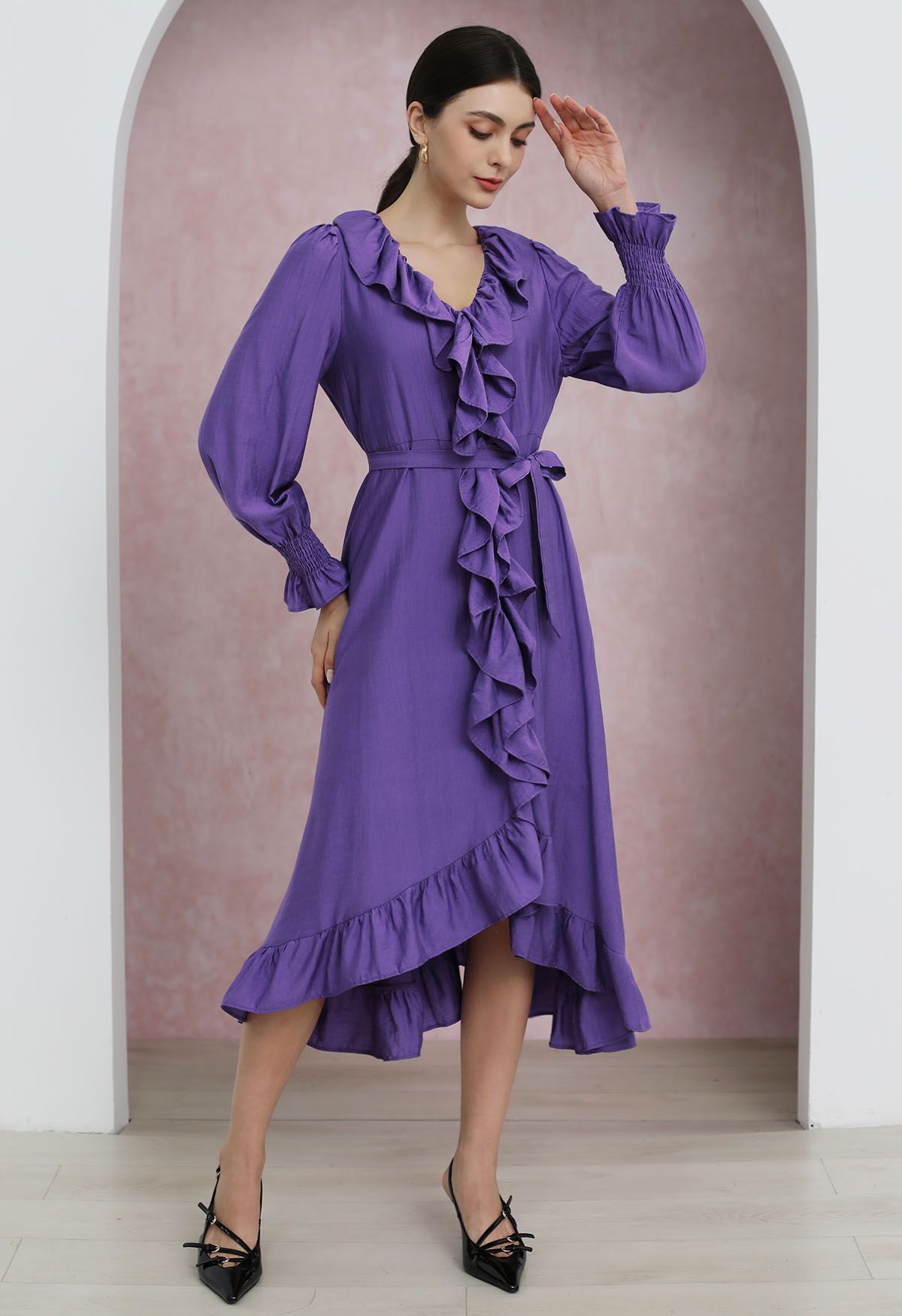 Whimsical Ruffle Asymmetric Button Down Midi Dress in Purple