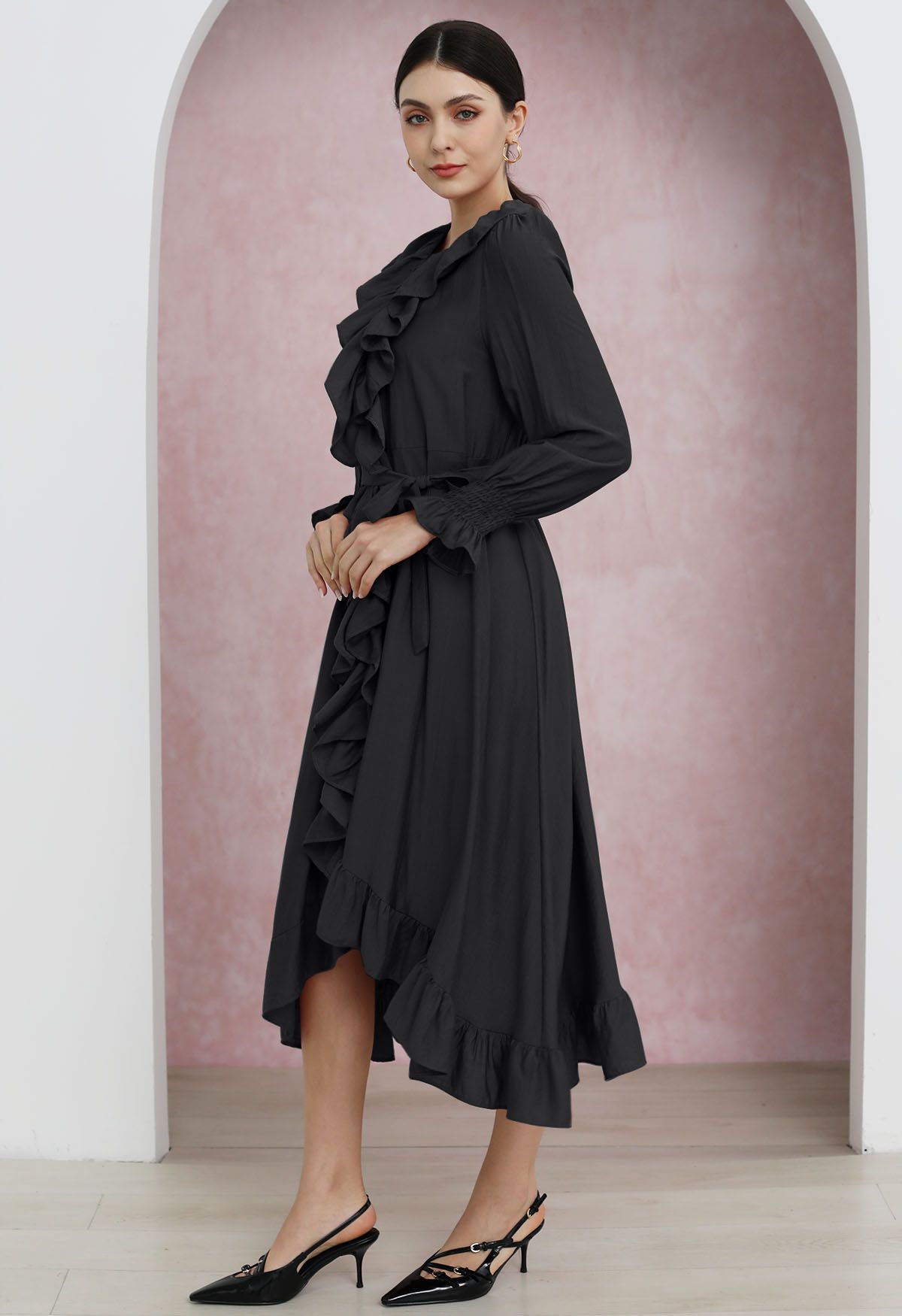 Whimsical Ruffle Asymmetric Button Down Midi Dress in Black