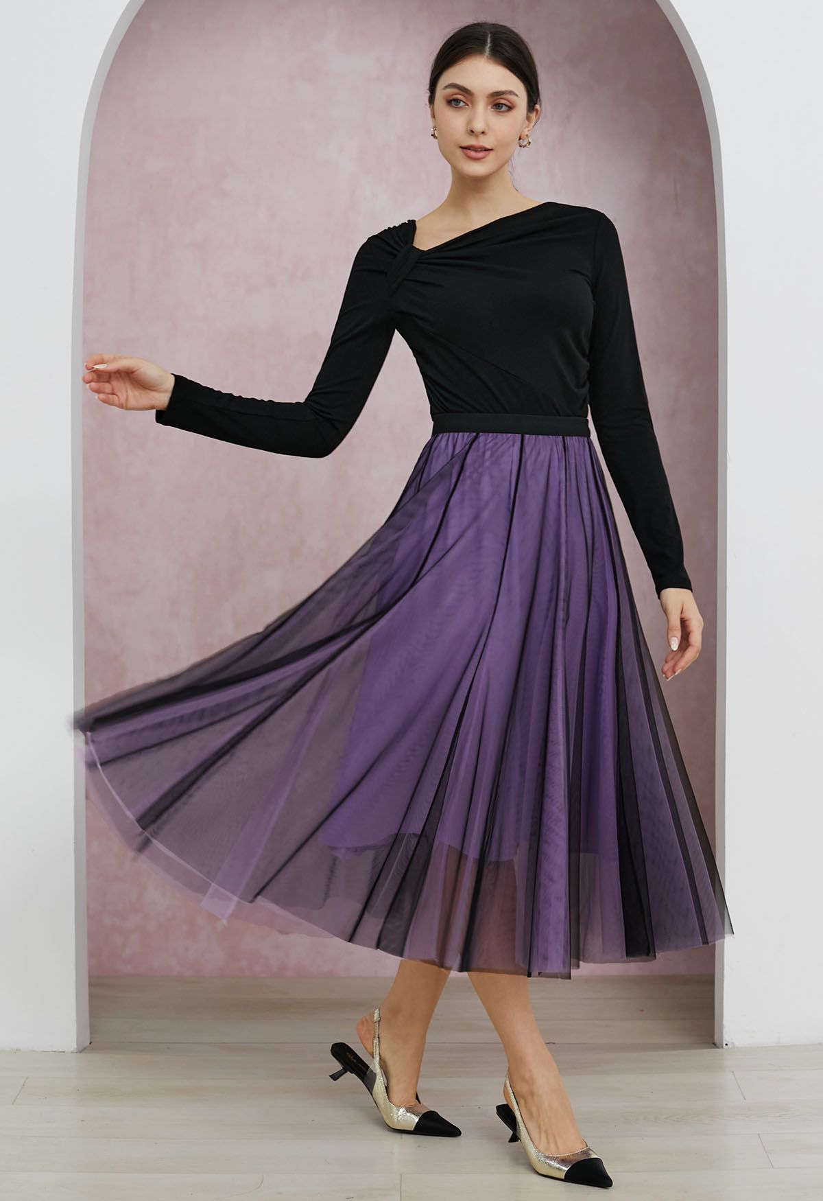 Mixture Color Panelled Tulle Maxi Skirt in Purple