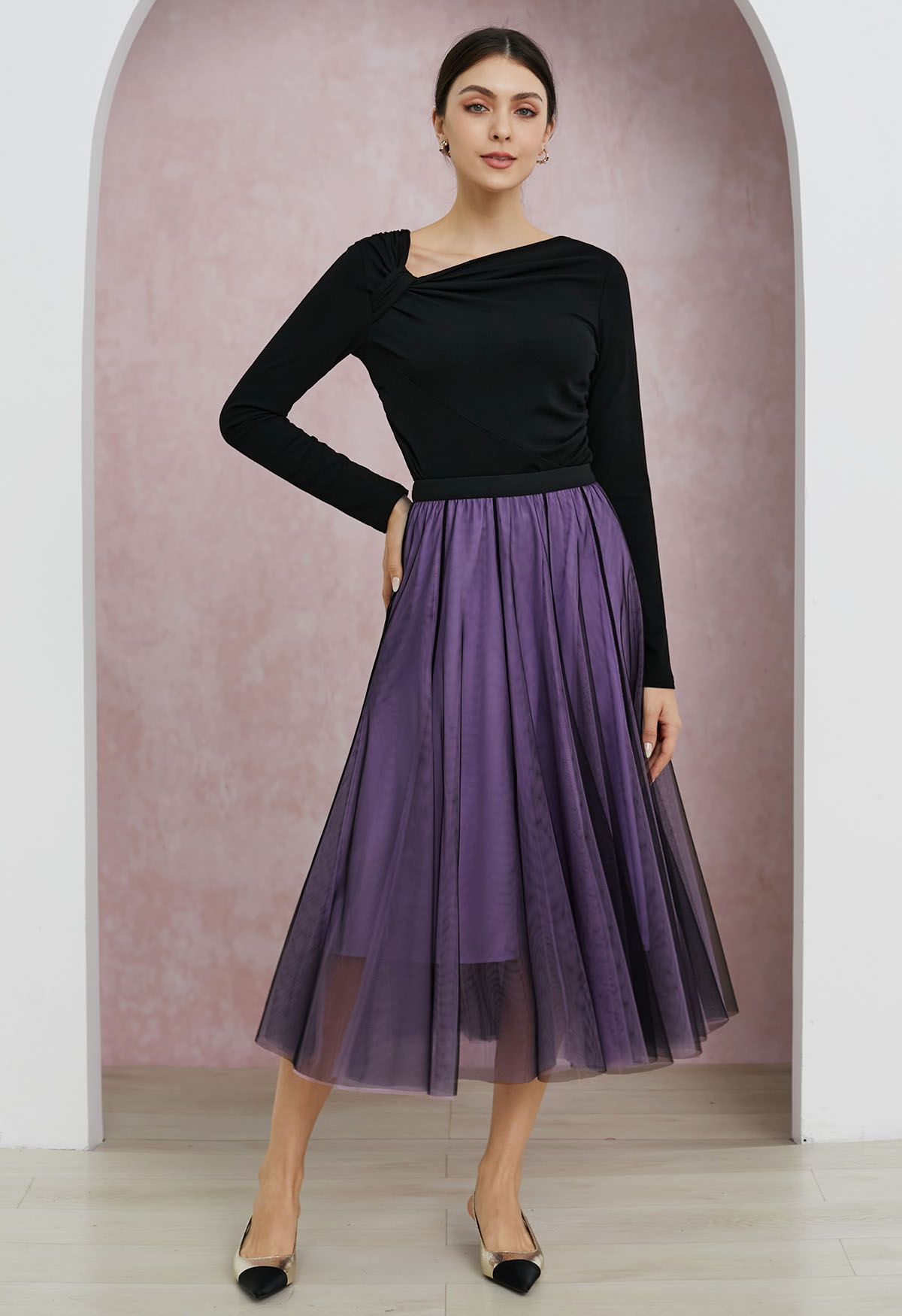 Mixture Color Panelled Tulle Maxi Skirt in Purple