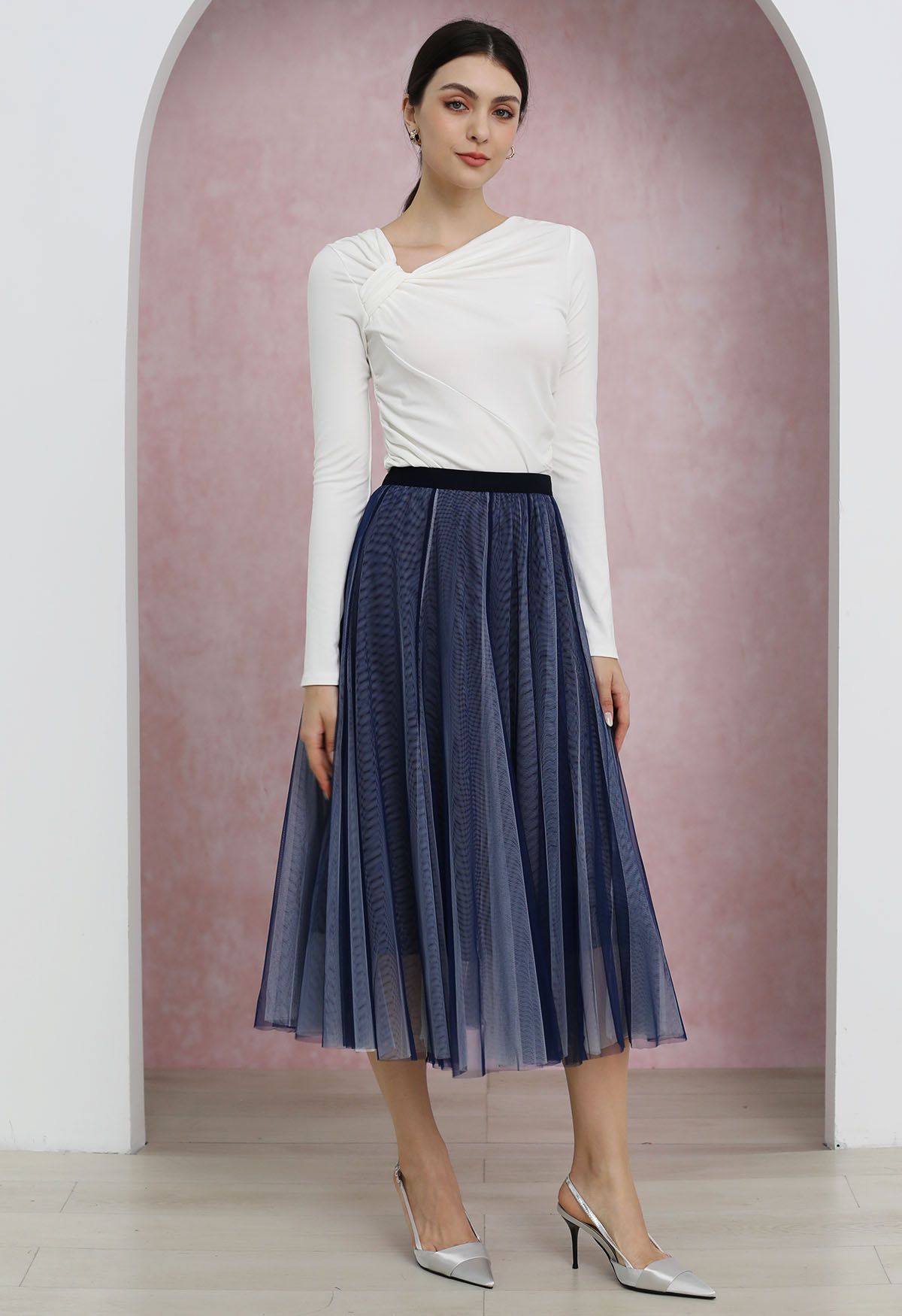 Mixture Color Panelled Tulle Maxi Skirt in Indigo