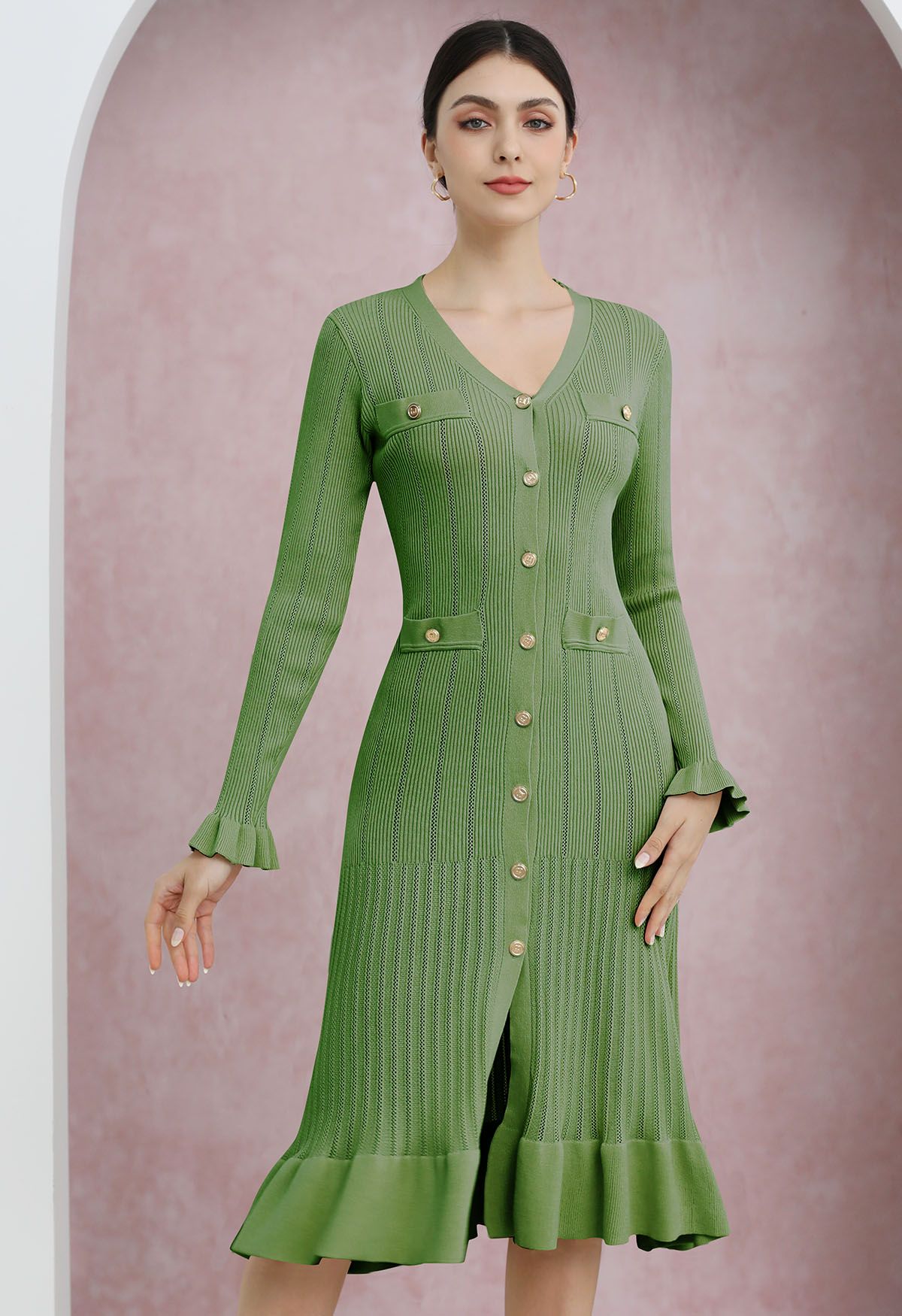 Ruffle Elegance V-Neck Buttoned Openwork Knit Dress in Green