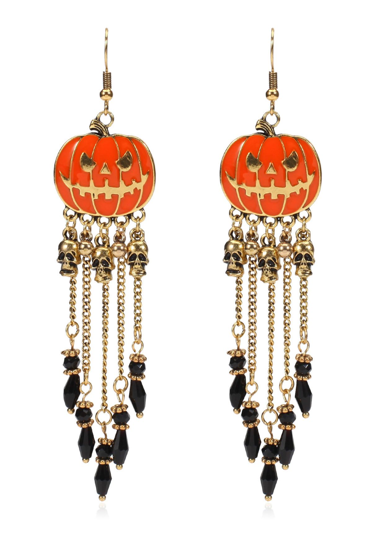 Spooky Pumpkin Skull Tassel Earrings