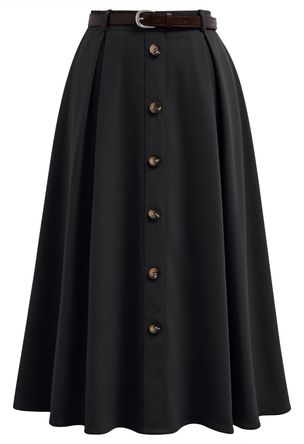 Vintage-Inspired Button Trim Pleated Midi Skirt in Black