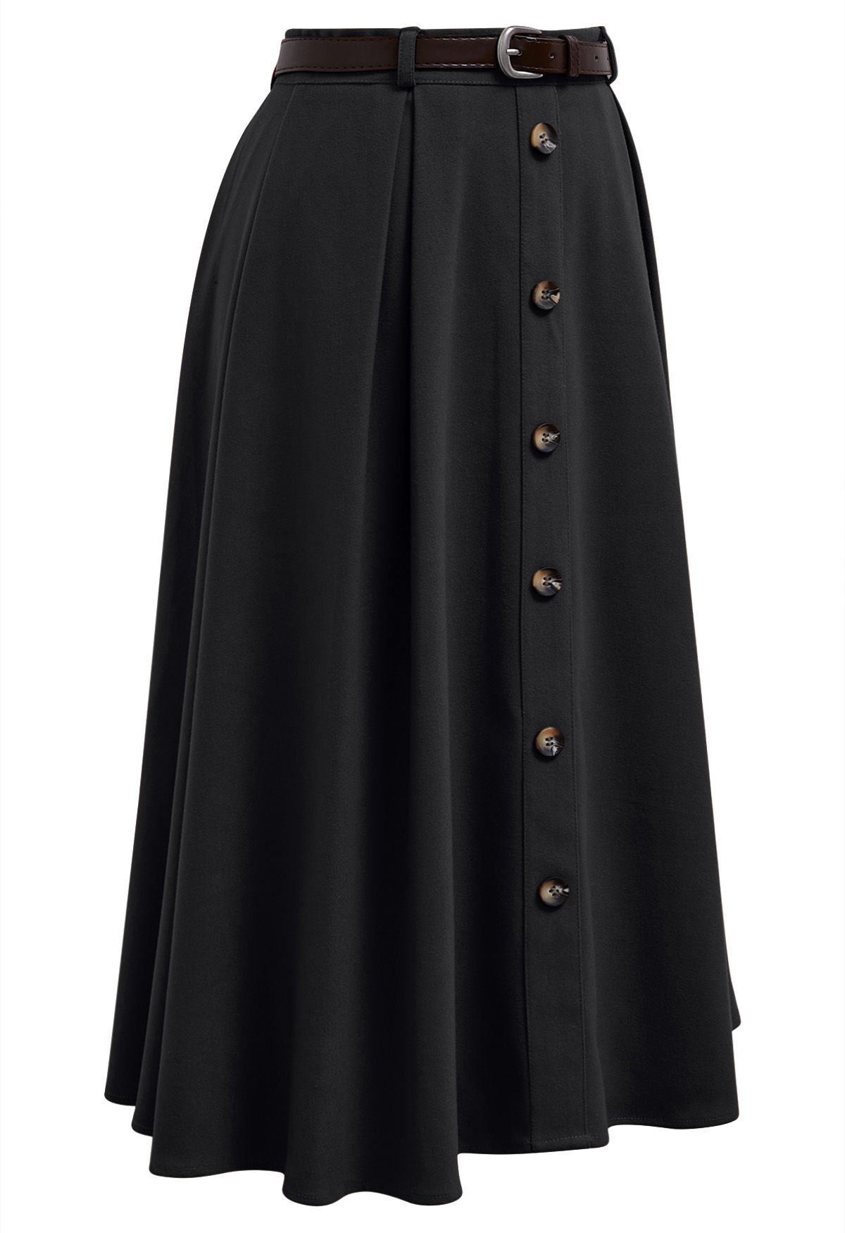 Vintage-Inspired Button Trim Pleated Midi Skirt in Black