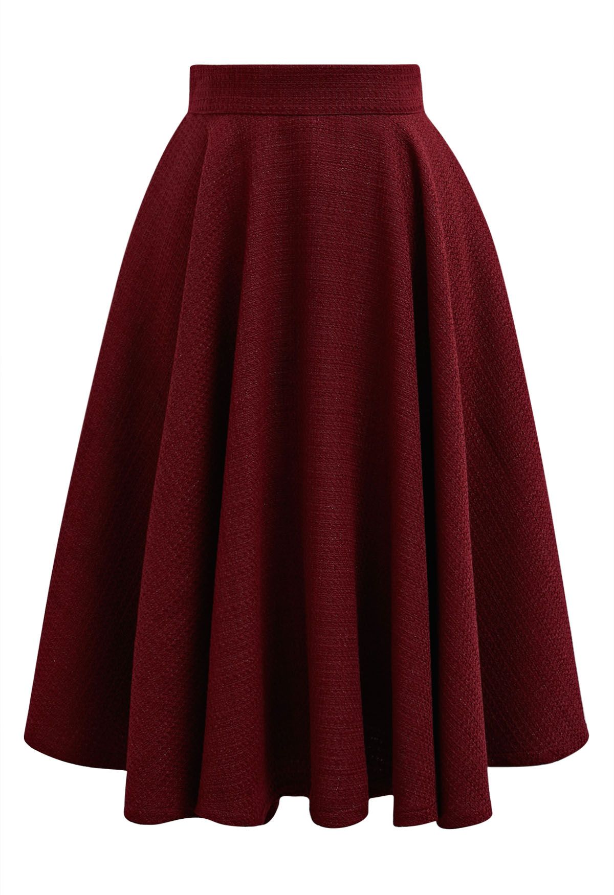 Autumn Edit Tweed Flare Midi Skirt in Burgundy