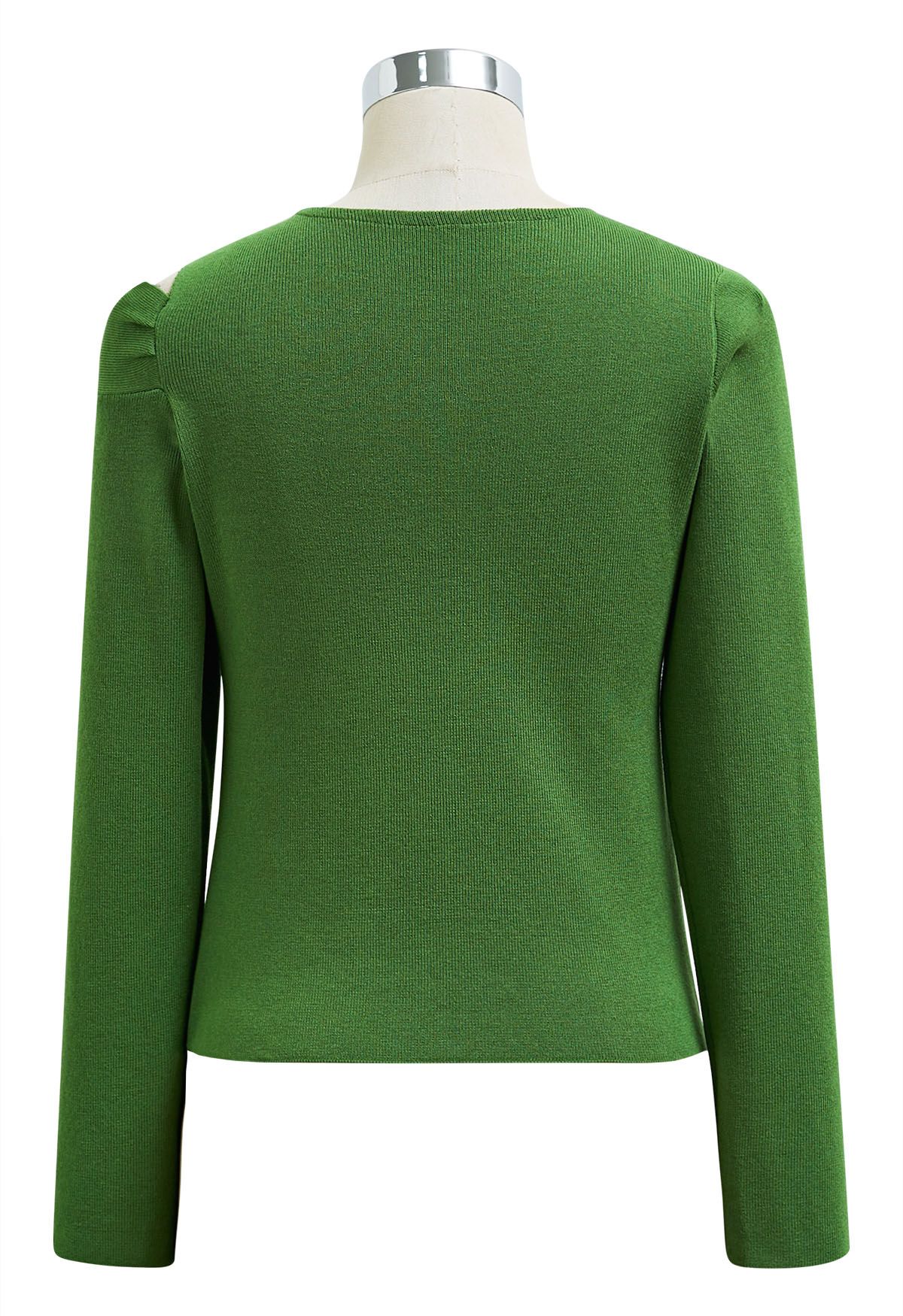 Knotted Shoulder Cutout Long-Sleeve Knit Top in Green