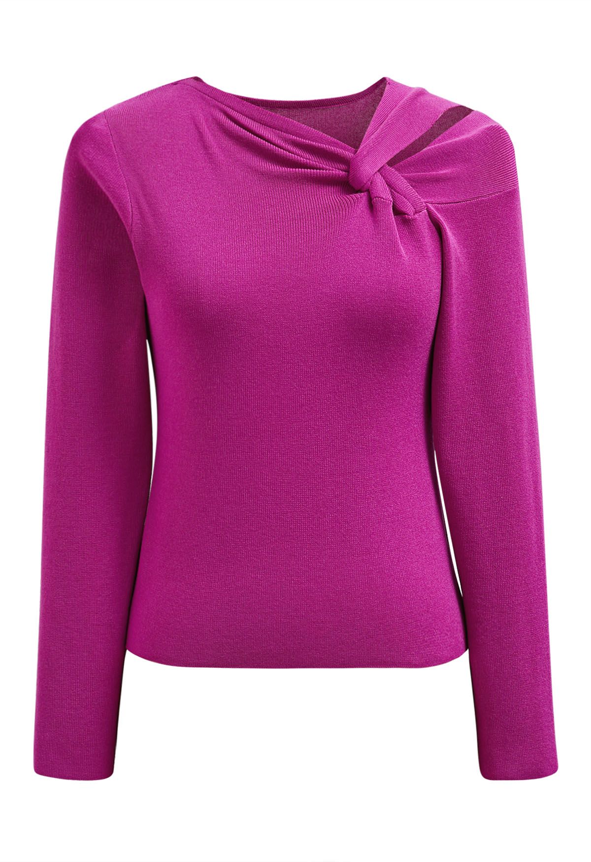 Knotted Shoulder Cutout Long-Sleeve Knit Top in Magenta