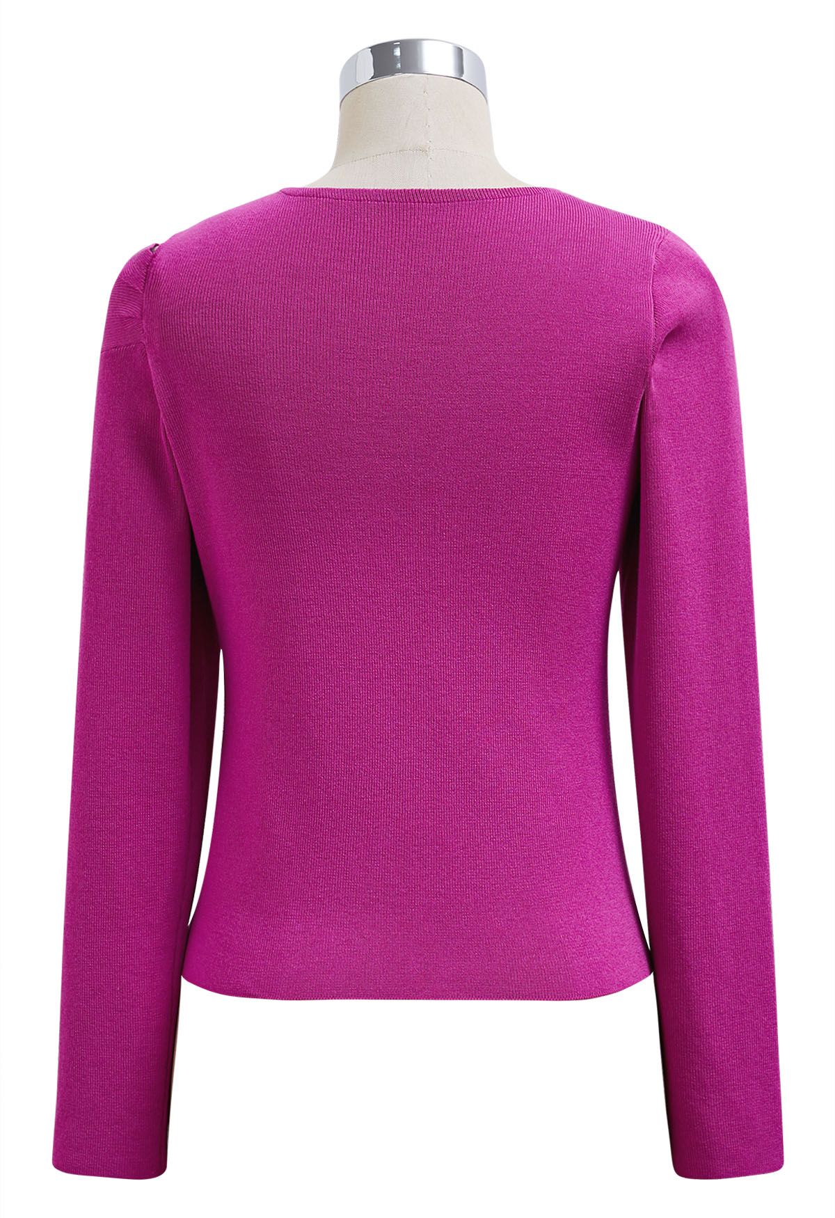 Knotted Shoulder Cutout Long-Sleeve Knit Top in Magenta