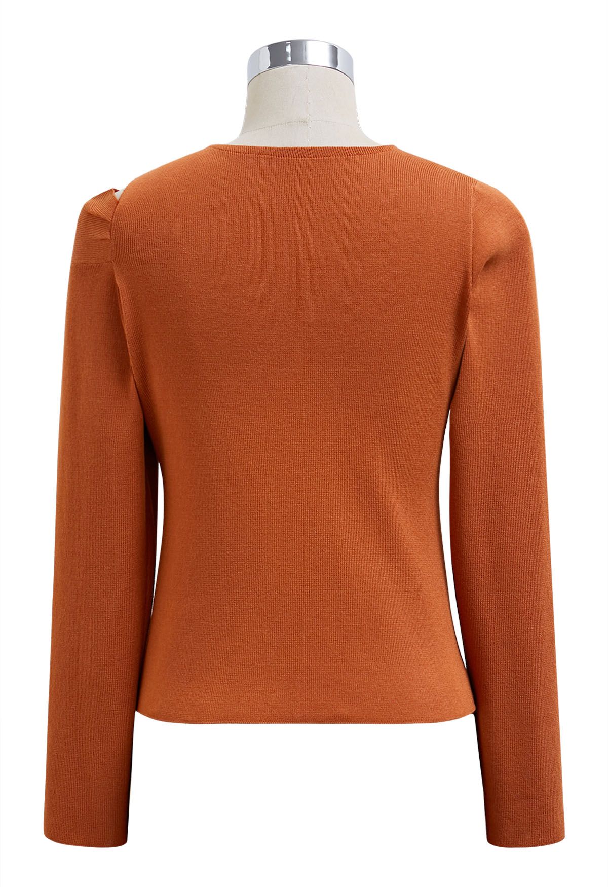 Knotted Shoulder Cutout Long-Sleeve Knit Top in Pumpkin