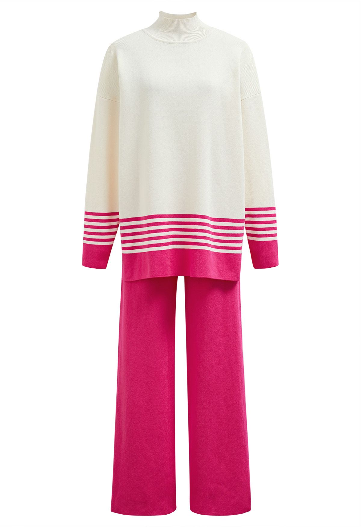 Two-Tone Striped Mock Neck Knit Sweater and Pants Set in Pink