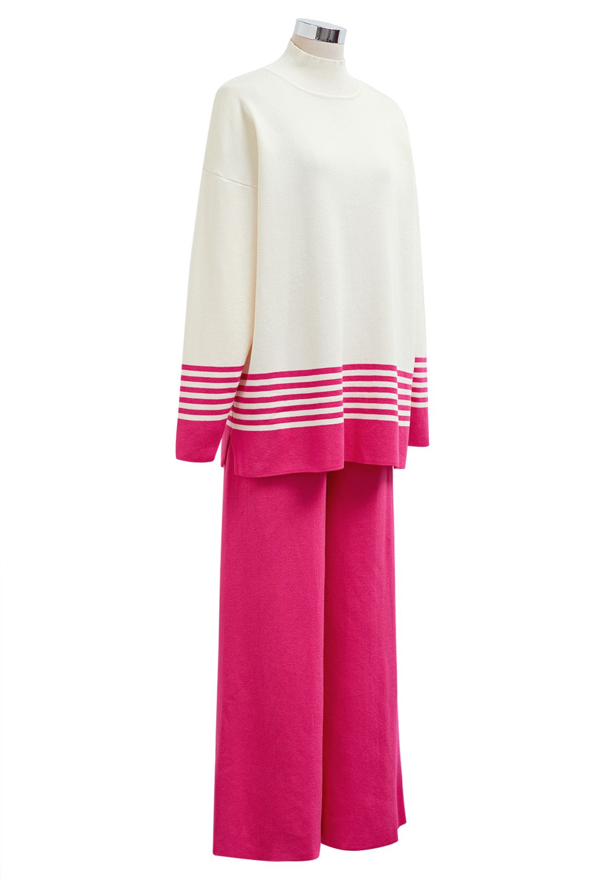 Two-Tone Striped Mock Neck Knit Sweater and Pants Set in Pink