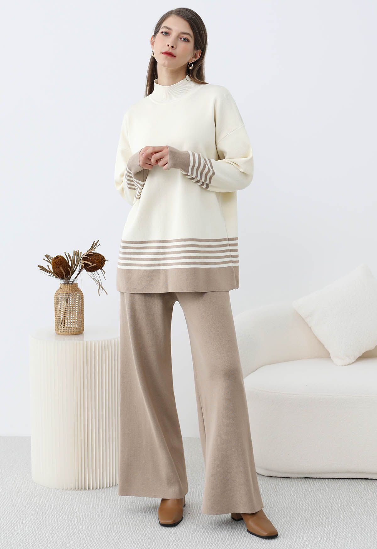 Two-Tone Striped Mock Neck Knit Sweater and Pants Set in Taupe