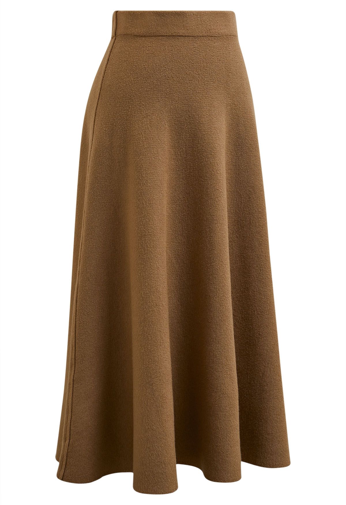 Solid Color A-Line Knit Midi Skirt in Camel