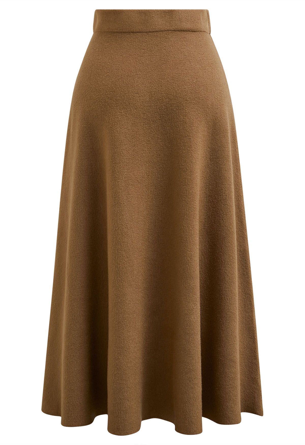 Solid Color A-Line Knit Midi Skirt in Camel