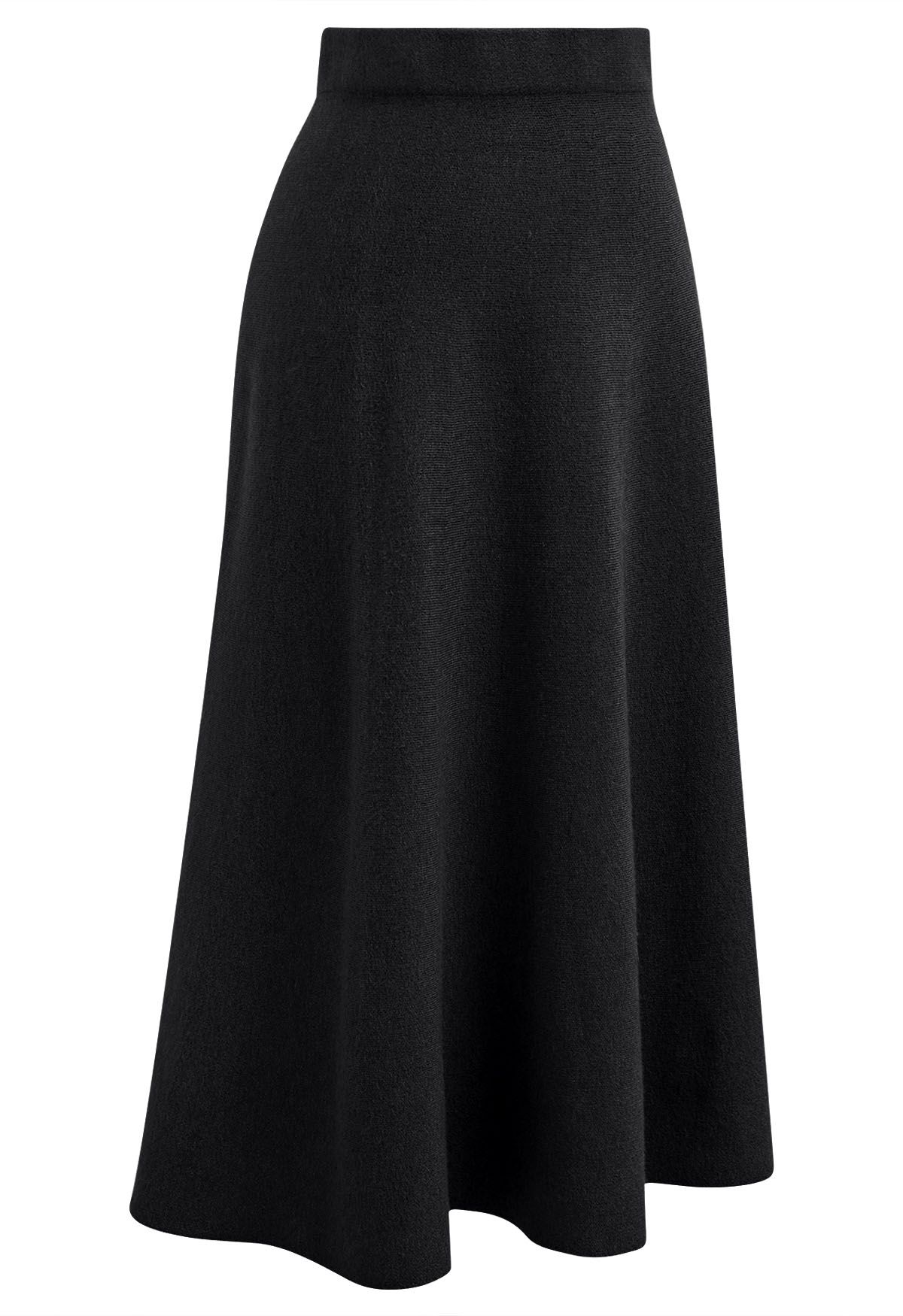 Solid Color A-Line Knit Midi Skirt in Black