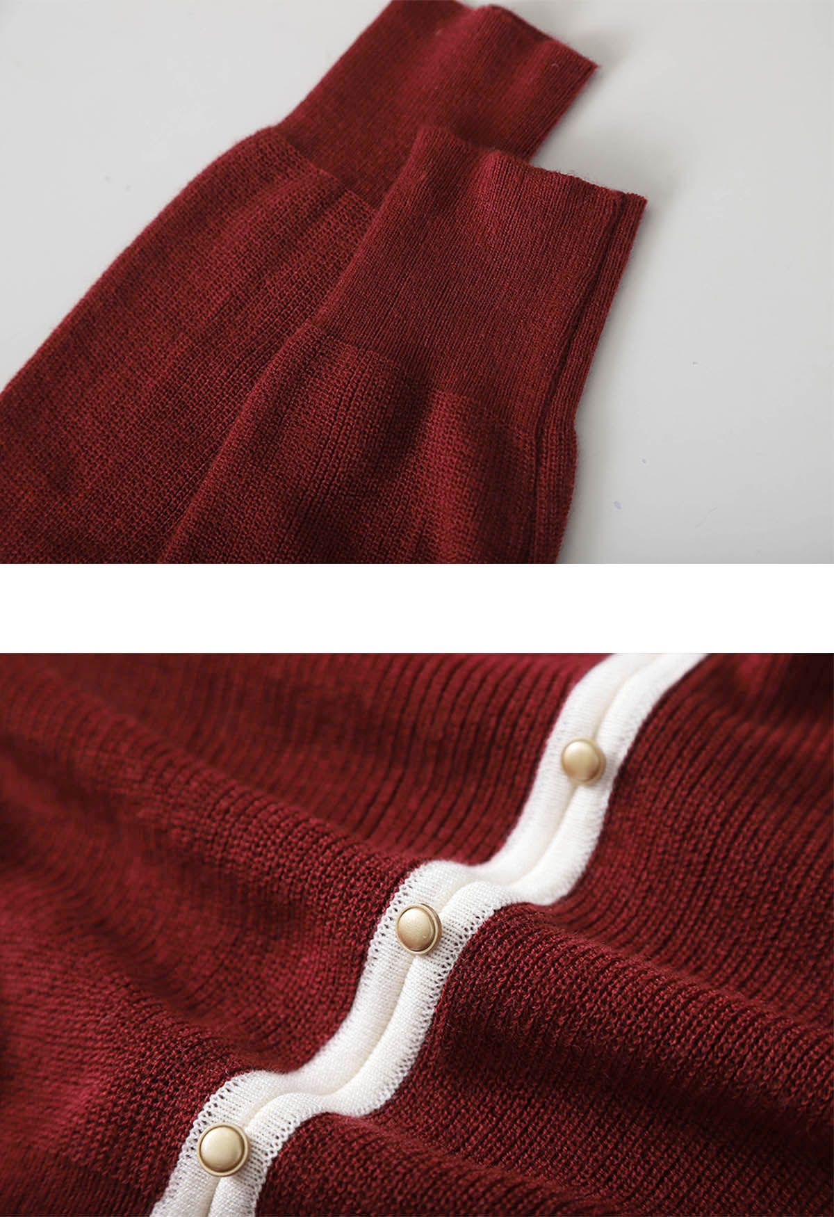 Button Trim Contrast Knit Cardigan in Red